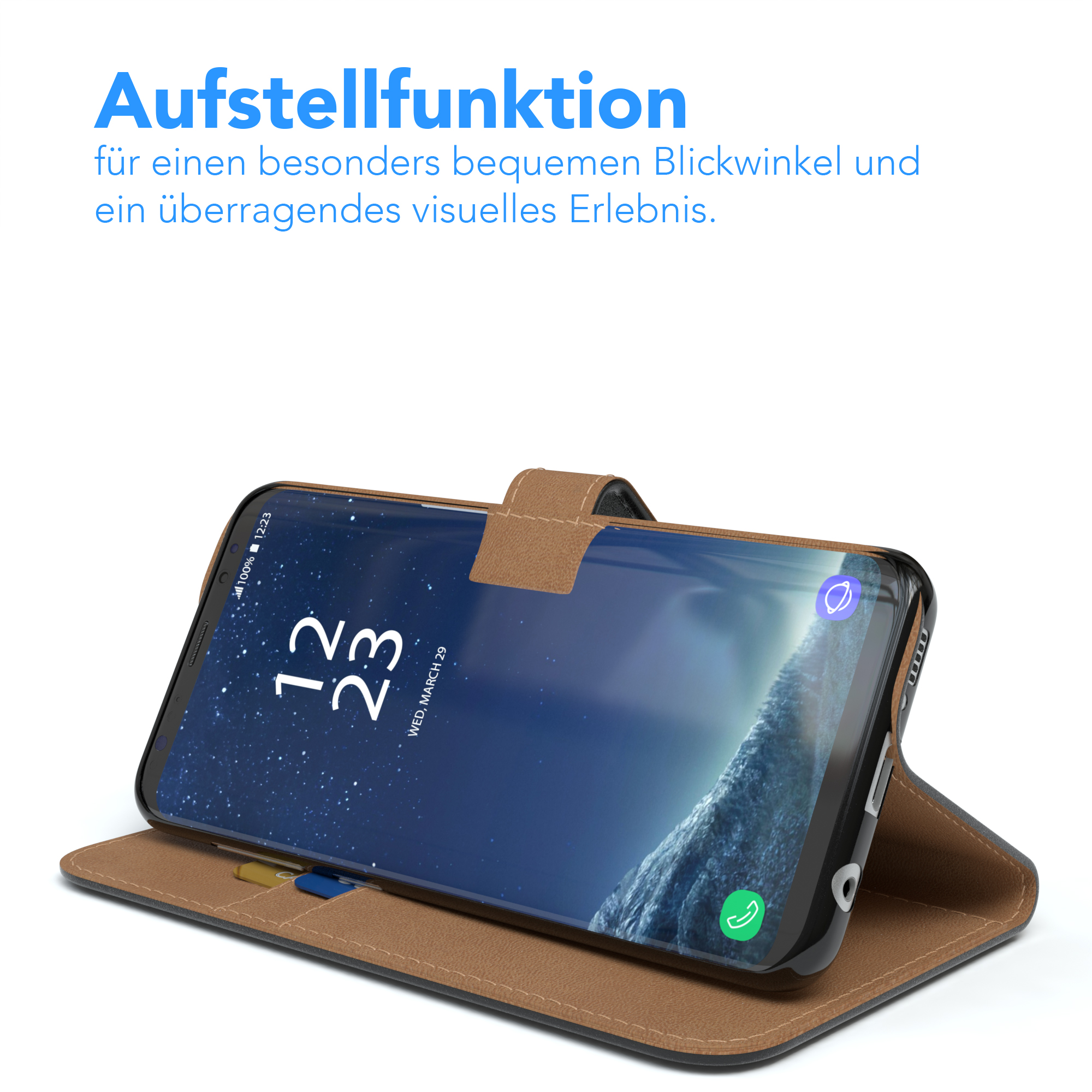 Telefon in Hülle offen, Bildschirm mit Landschaft zeigend.