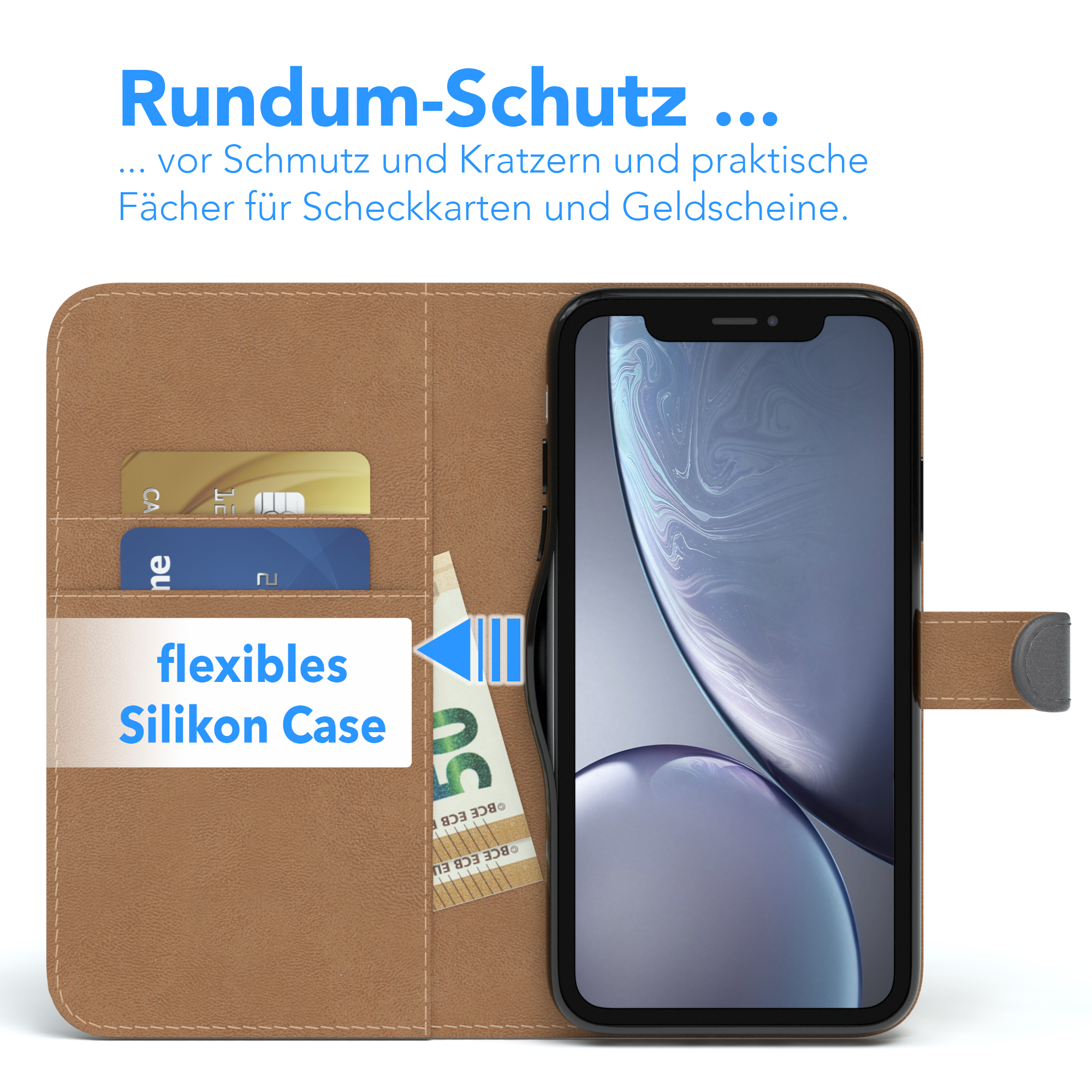 Telefon in einer braunen Lederhülle, mit Kartenfächern und Geld, einer grauen Abdeckung und Silikonhüllenbeschreibung.