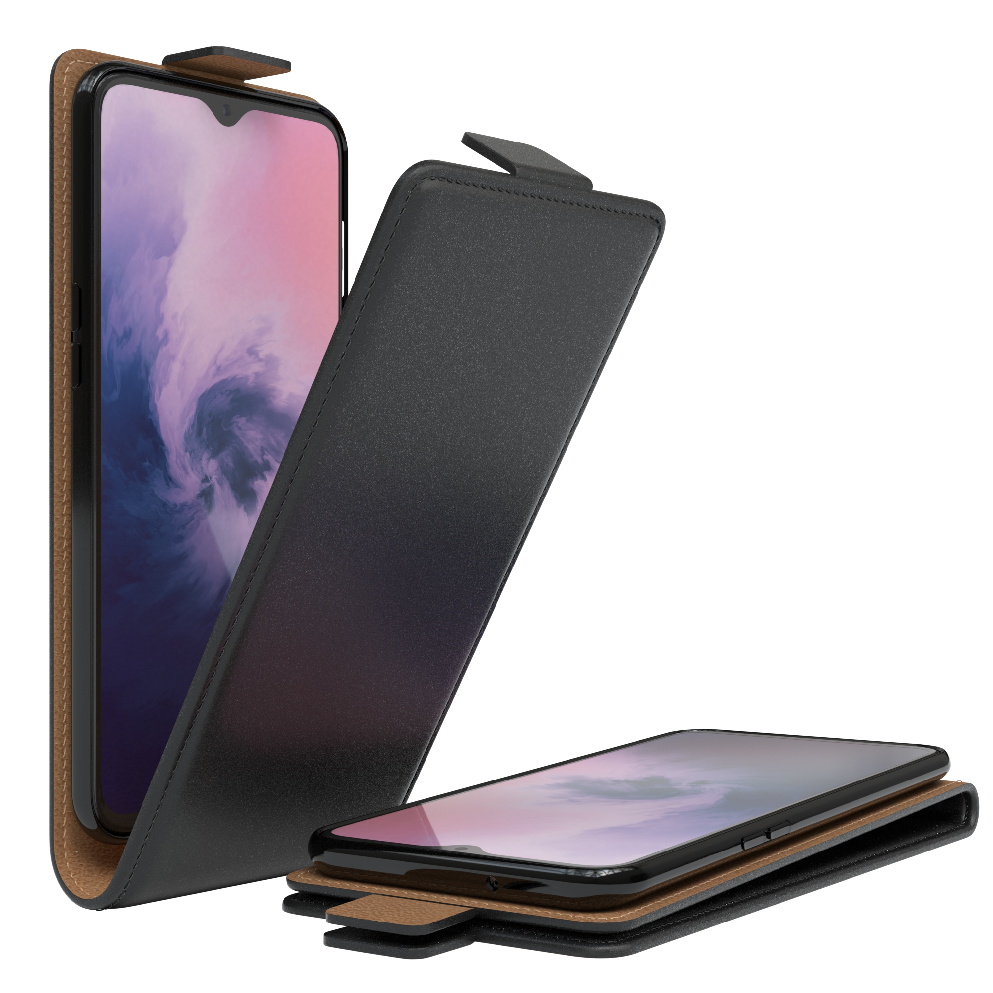 Eine schwarze Handyhülle geöffnet, die ein schwarzes Telefon mit braunem Innenfutter zeigt.
