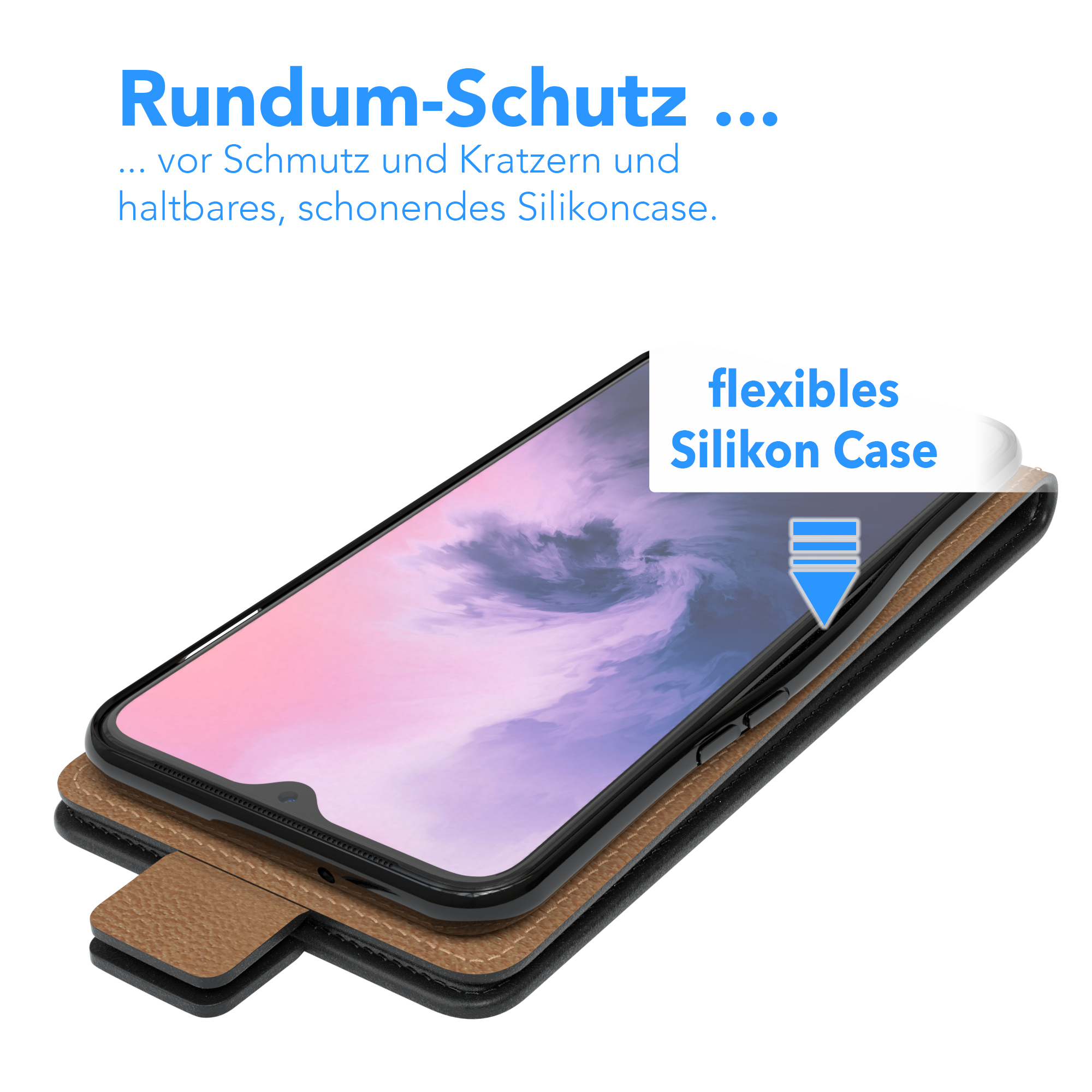 Eine geöffnete Handyhülle, die ein Telefon zeigt. Der Text lautet 'flexibles Silikon Case'.