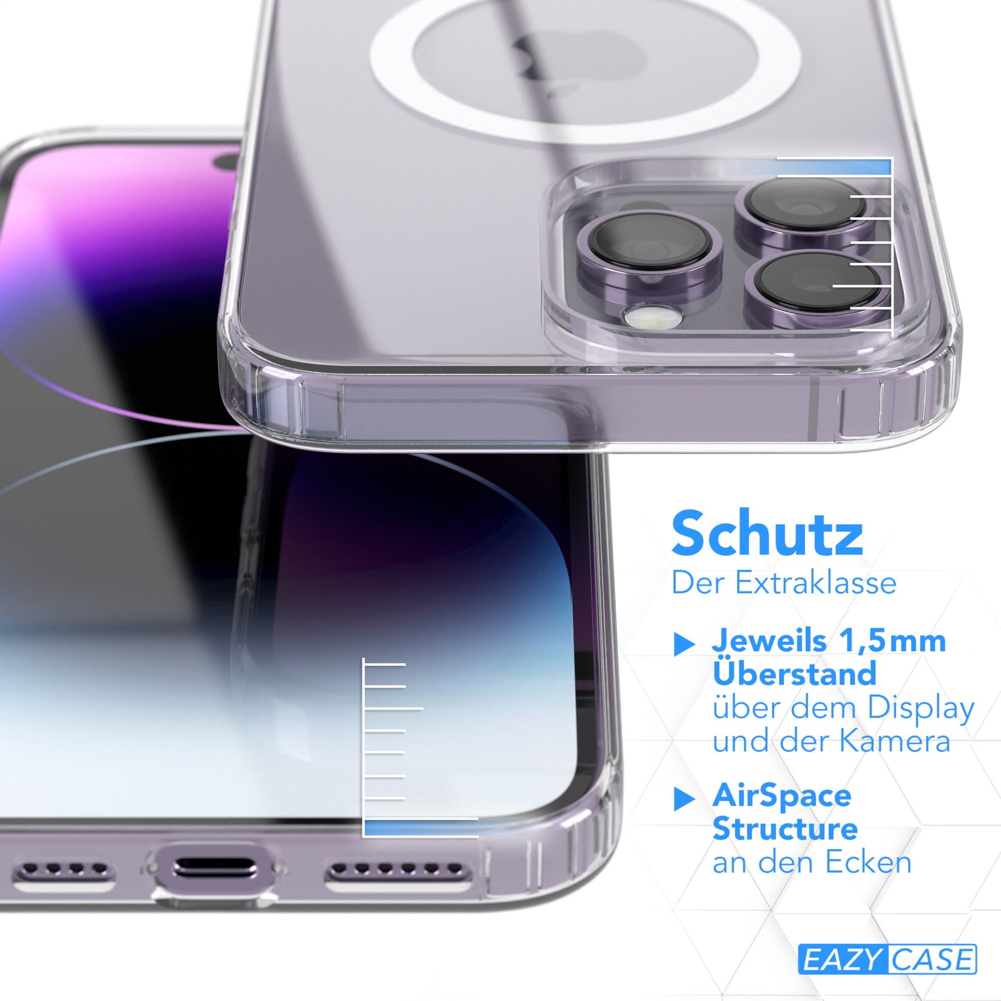 Nahaufnahme einer lila Handyhülle mit einem Telefon darin. Die Hülle hat Schutzfunktionen.