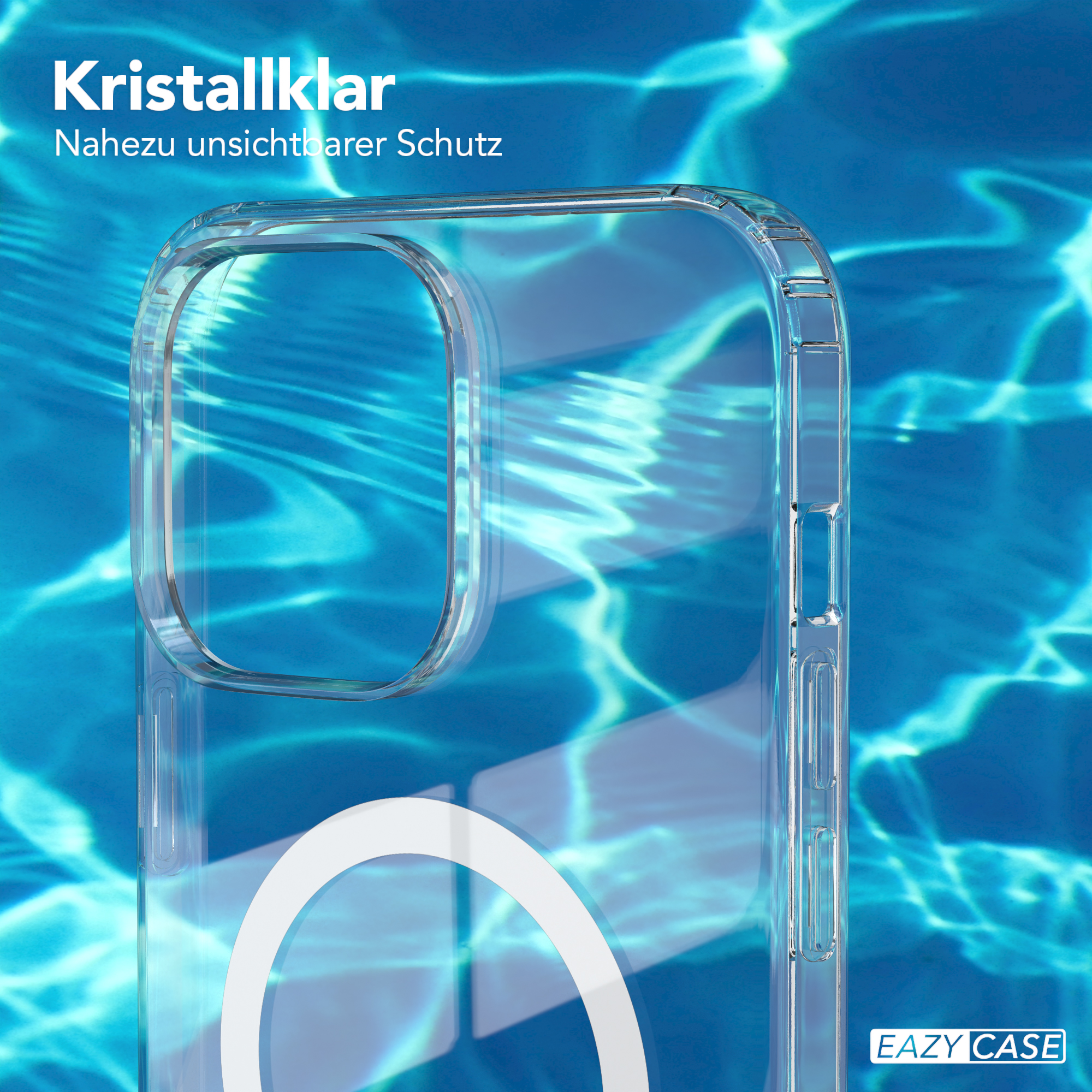 Transparente Handyhülle mit blauem Wasser im Hintergrund, die ihren transparenten, nahezu unsichtbaren Schutz zeigt.