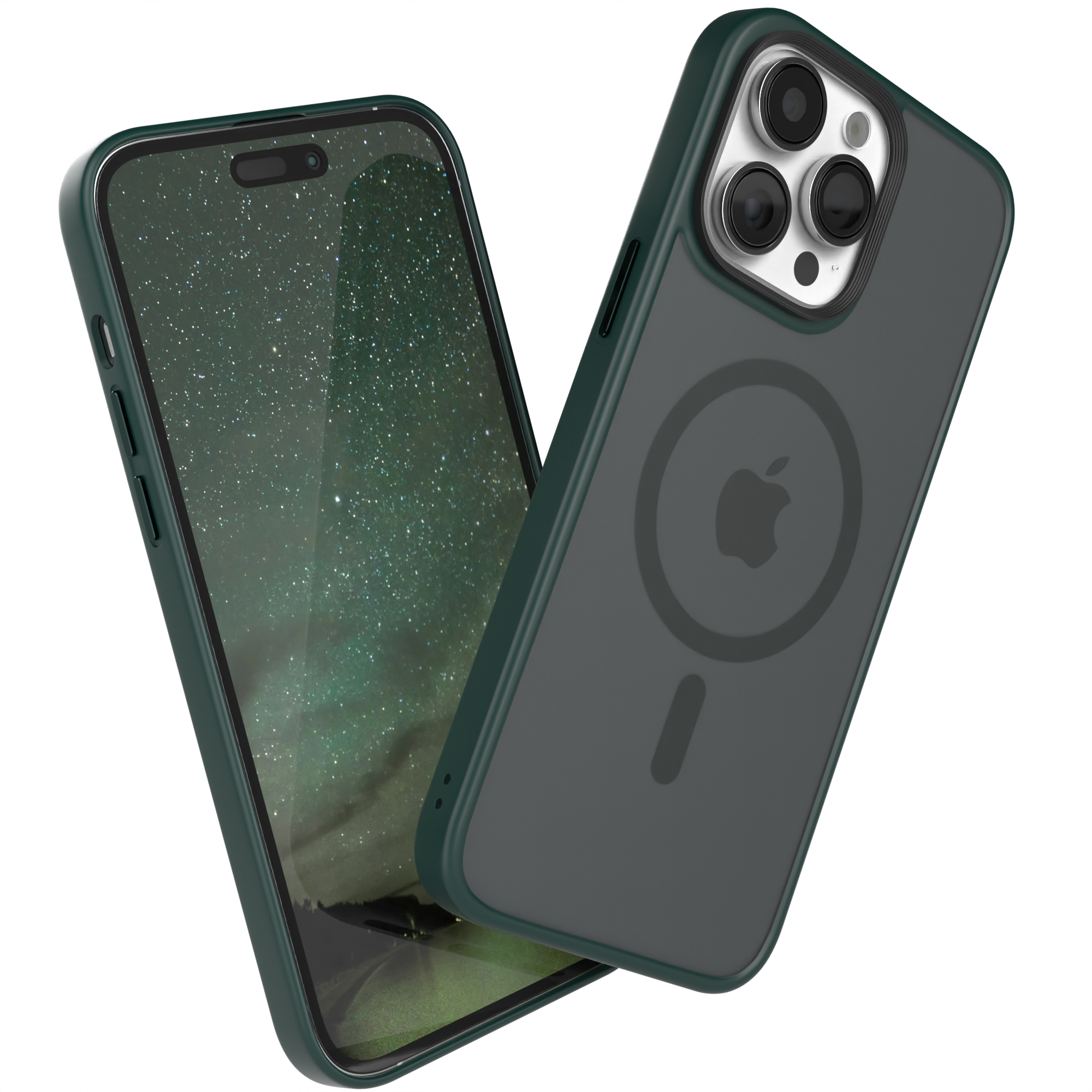 Grüne Handyhülle auf einem Telefon. Der Hintergrund zeigt einen Sternenhimmel. Apple-Logo hinten.