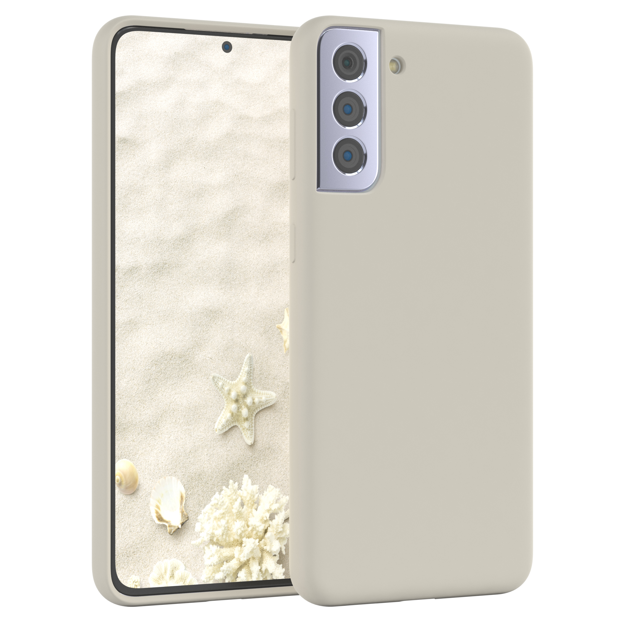 Ein Telefon in einer beigefarbenen Hülle. Das Telefon befindet sich in einer Strandszene. Muscheln und Seesterne sind sichtbar.
