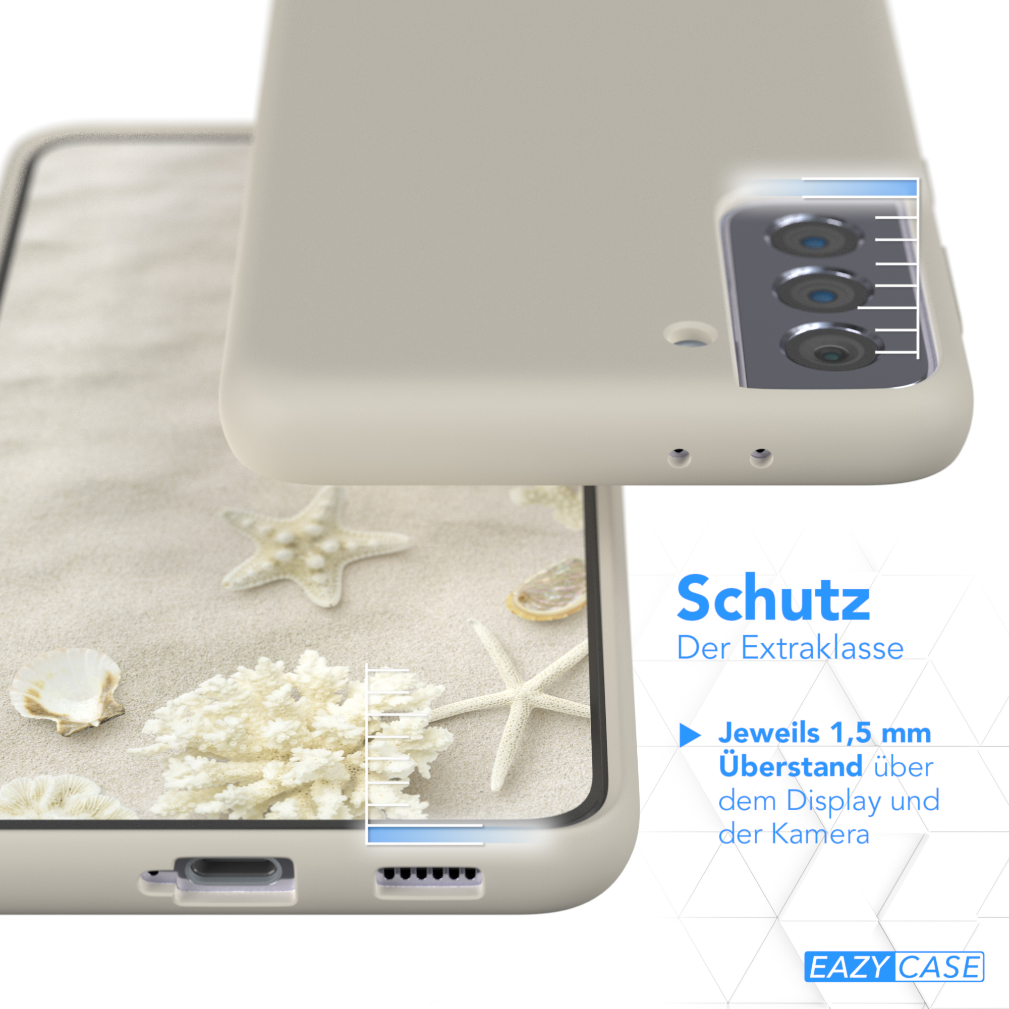 Handyhülle mit Strandhintergrund. Die Hülle ist cremefarben, mit Text über zusätzlichen Schutz.