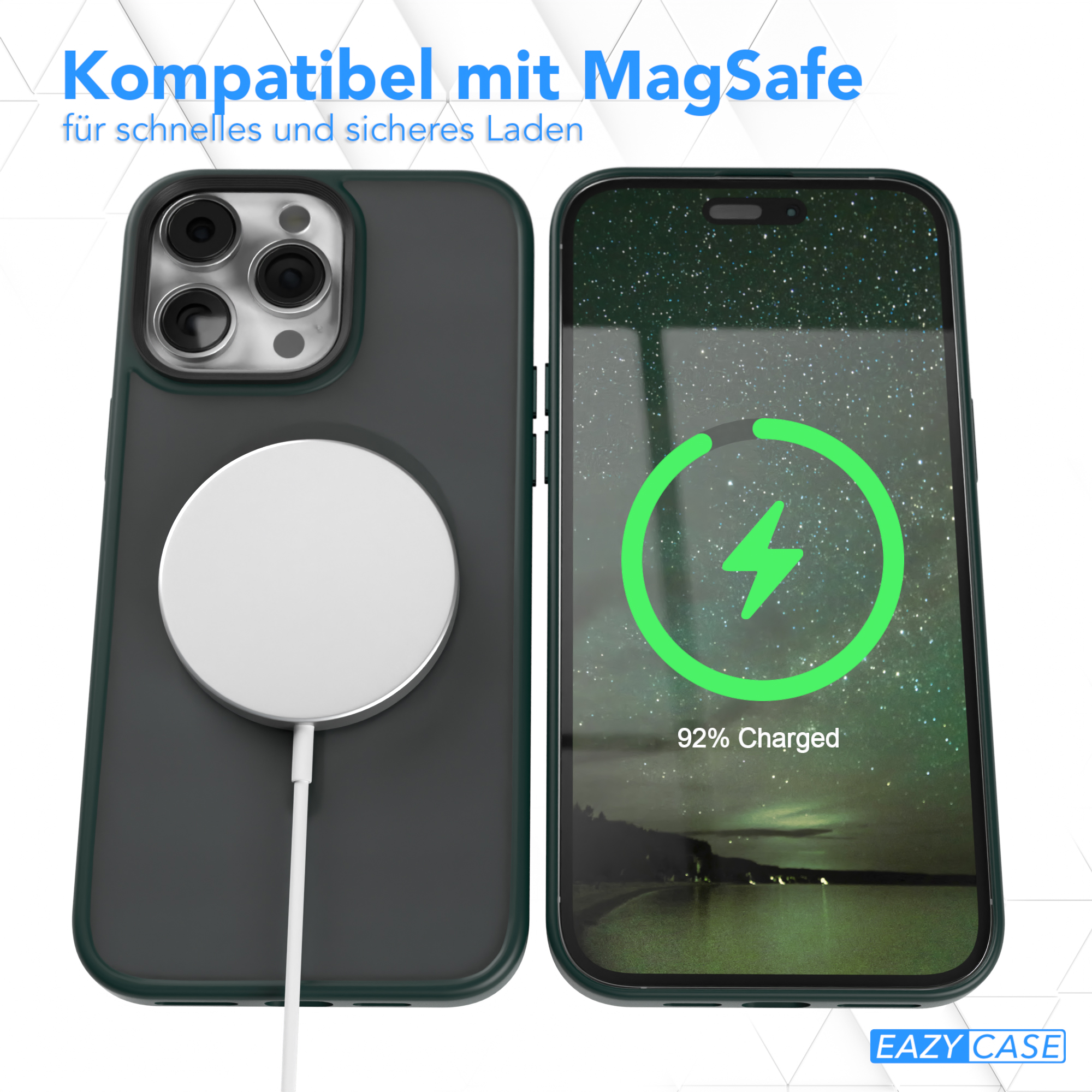Telefon auf Ladepad in Hülle, mit Ladeanzeige.