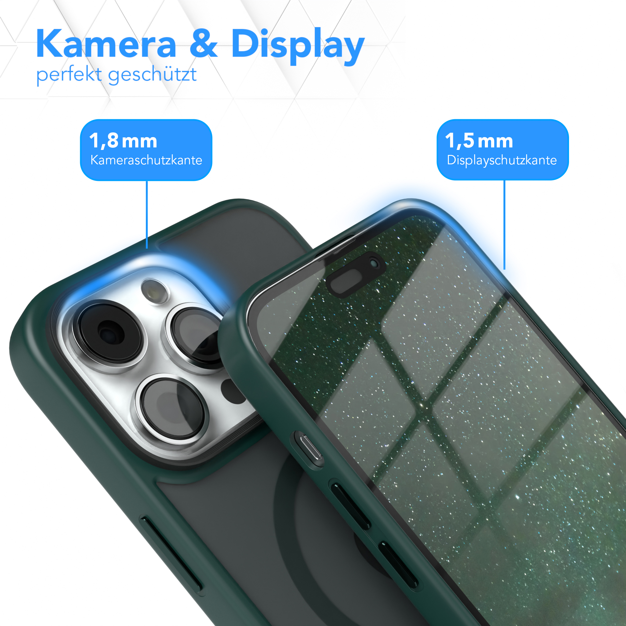 Ein grünes Handycase mit einem Telefon wird gezeigt, wobei die Kamera- und Displayschutzfunktionen hervorgehoben werden.