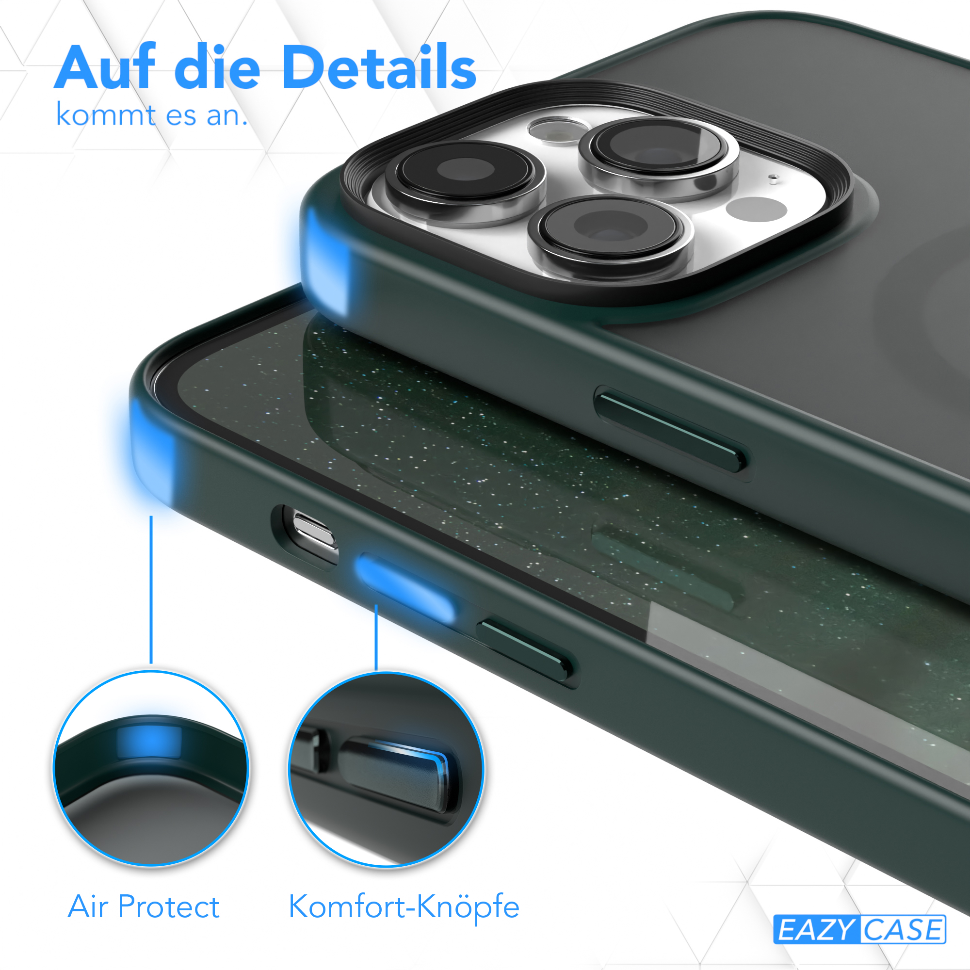Nahaufnahme einer Handyhülle mit dunkelgrüner Abdeckung und dunklem Rahmen mit Kamera, mit blauen Akzenten.