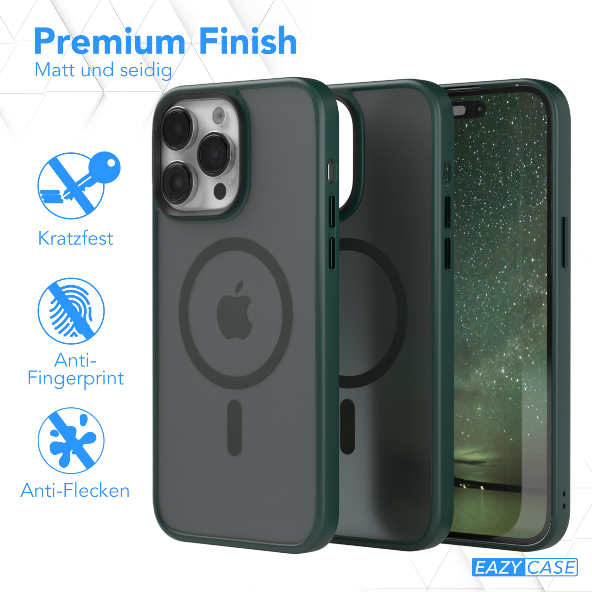 Grüne Handyhülle mit Magnetring, schützt das Handy. Text: Premium-Finish, Anti-Fingerabdruck, Anti-Flecken.