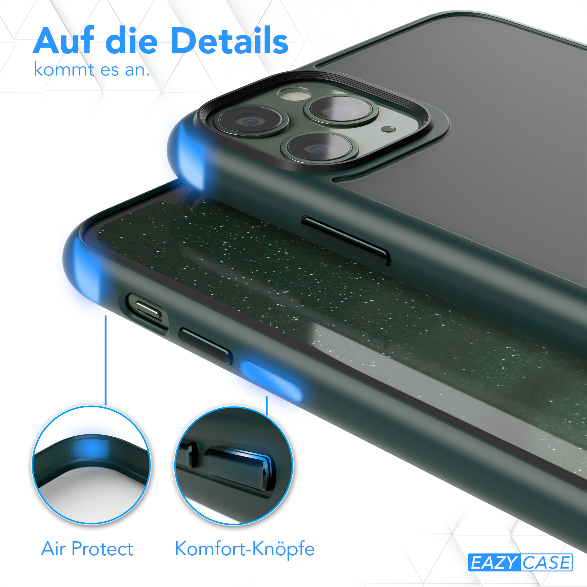 Nahaufnahme einer Handyhülle mit Details zum Luftschutz und Komforttasten.