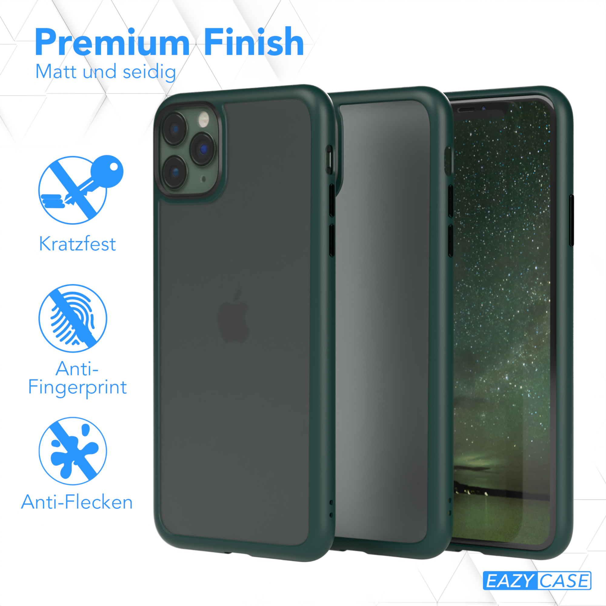 Drei Handyhüllen in Grün, mit Schlüssel-, Fingerabdruck- und Fleck-Icons, Text 'Premium Finish'.