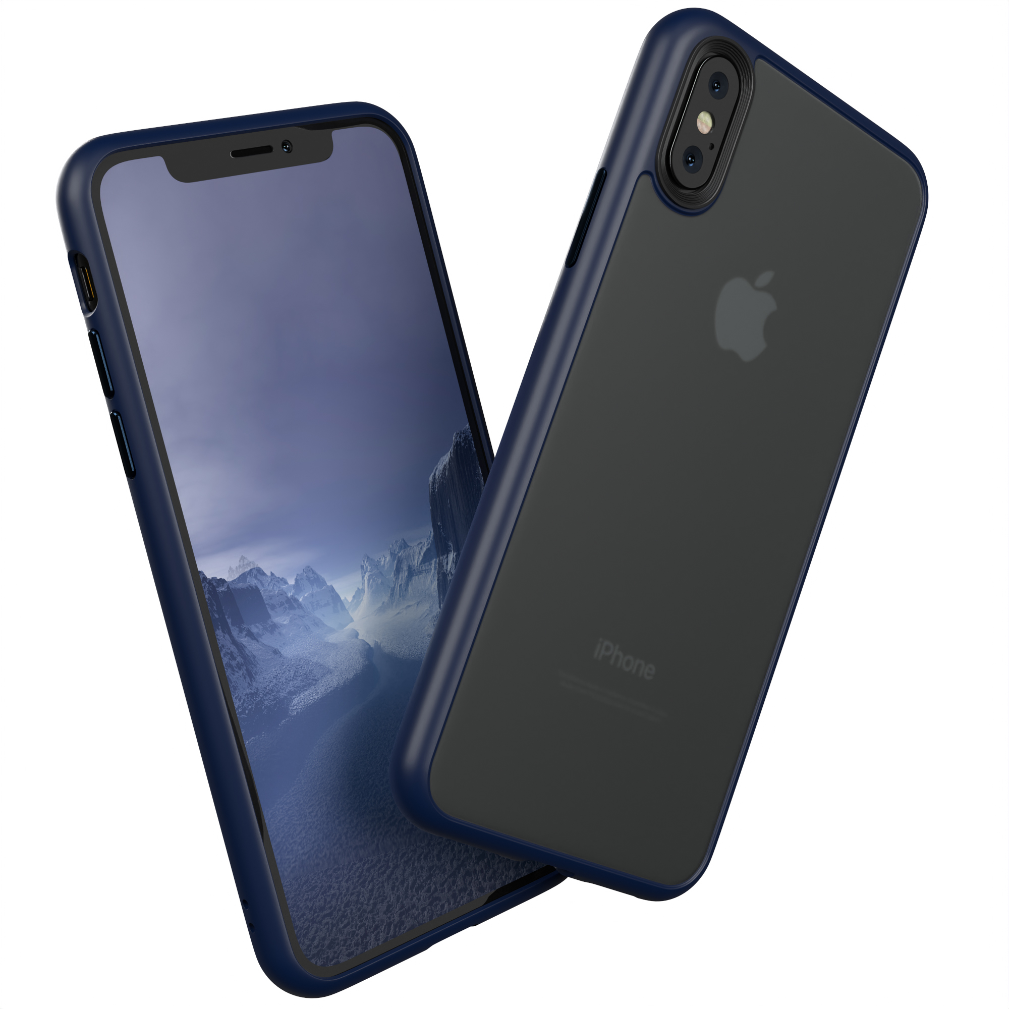 Blaue Handyhülle mit Telefon und Apple-Logo auf der Rückseite.