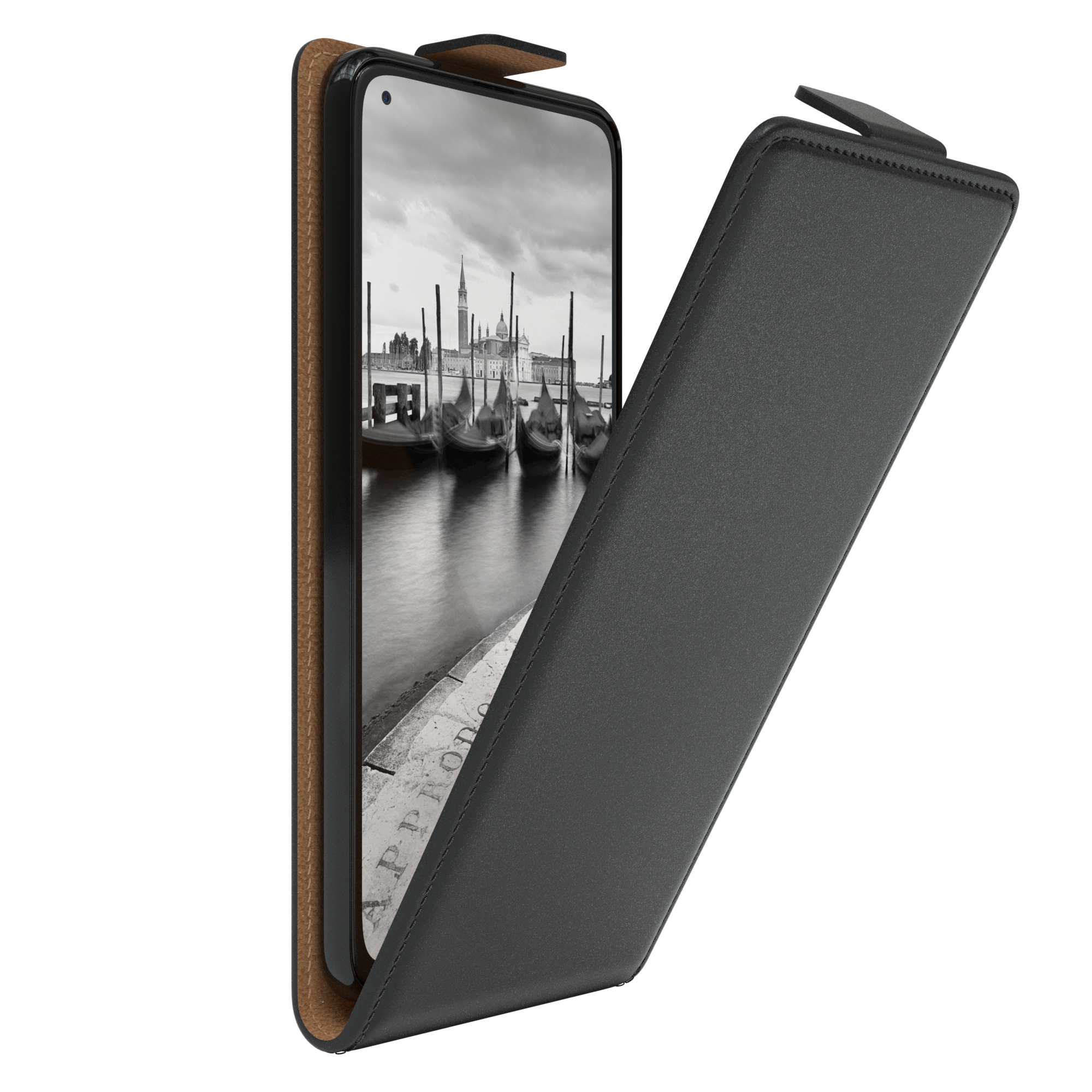 Geöffnete Handyhülle, die ein Telefon zeigt. Das Telefon zeigt eine Landschaft.