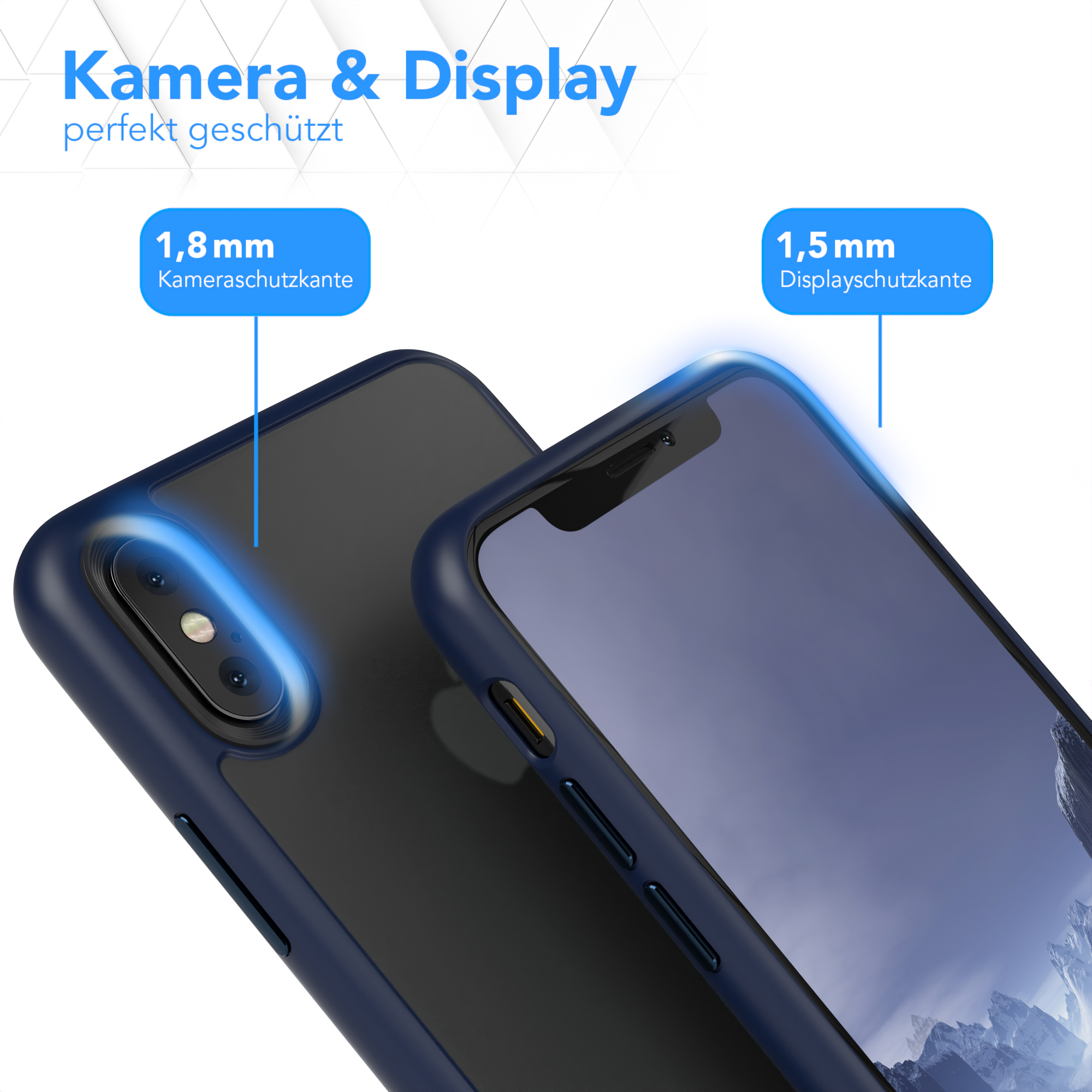 Zwei Telefone in blauen Hüllen. Text: Kamera & Display, 1,8 mm und 1,5 mm Schutz.