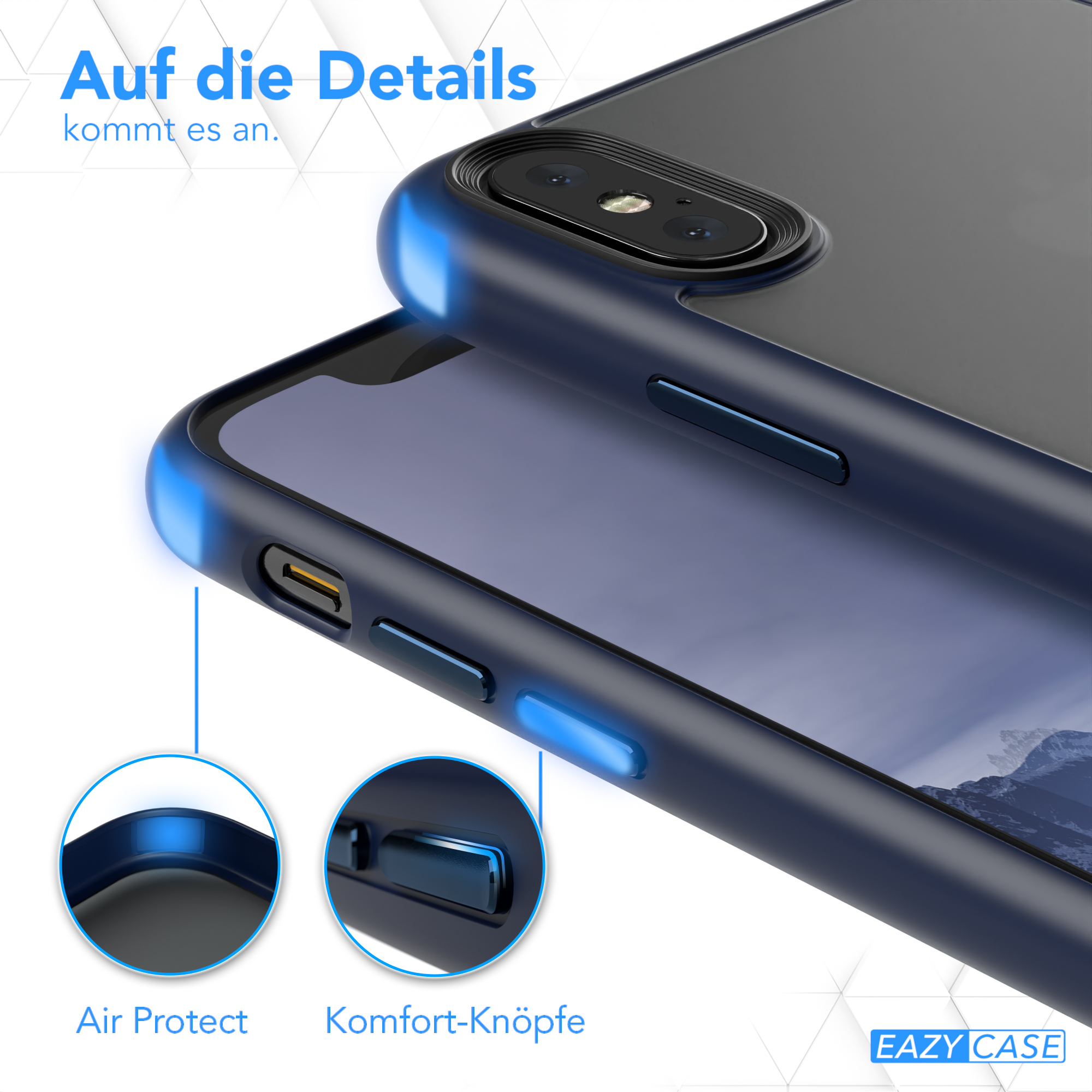 Handyhülle mit hervorgehobenen Details. Luftschutz- und Komfortknöpfe. Die Hülle ist blau.