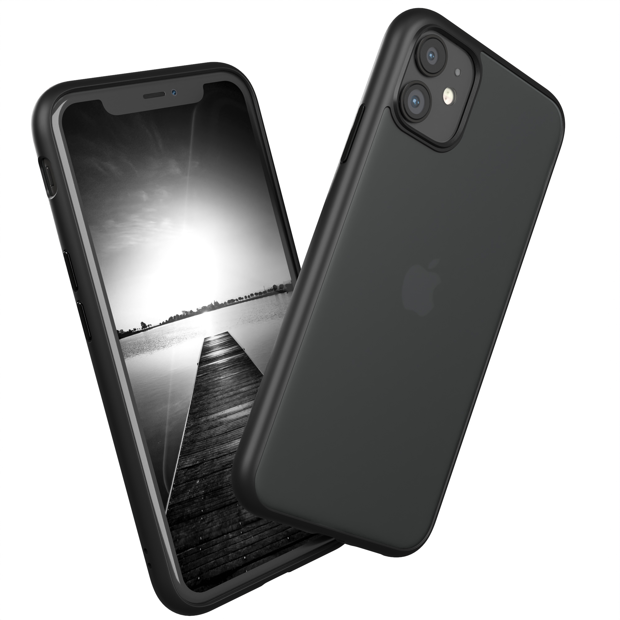 Schwarze Handyhülle mit Telefon, SW-Bildschirm, weißer Hintergrund.