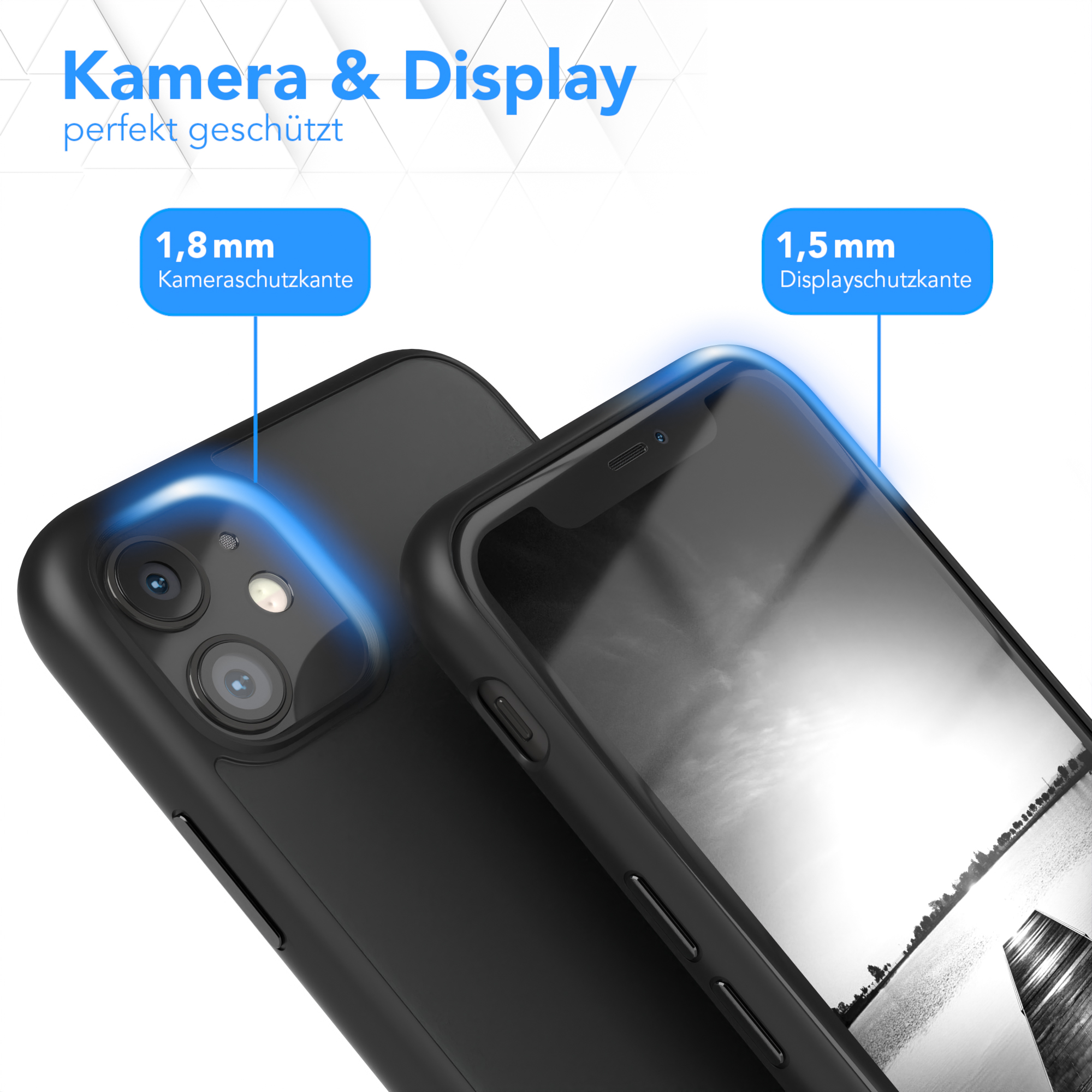 Zwei Telefone nah beieinander. Eines rechts zeigt den Kameraschutz. Text: Kamera & Display.