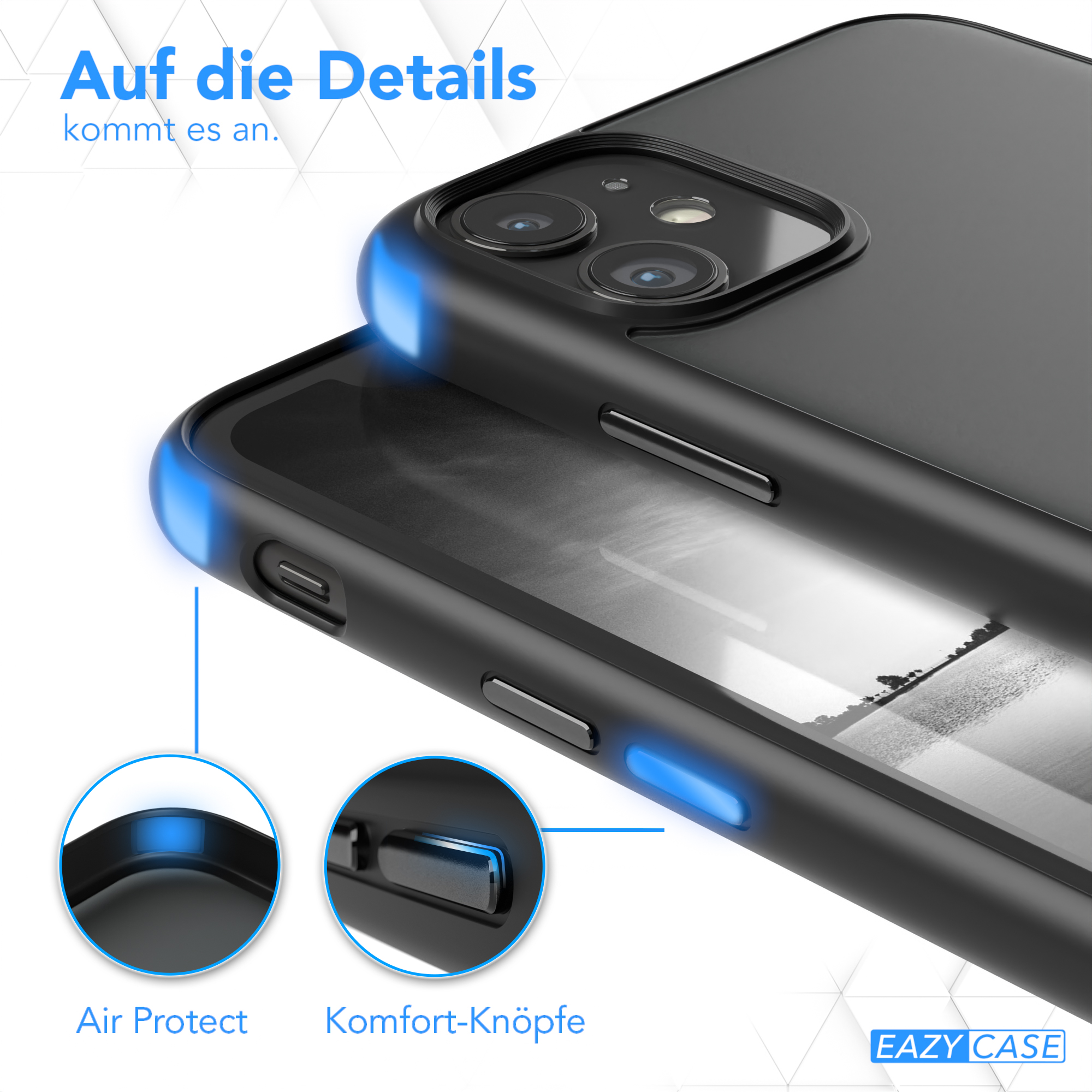Nahaufnahme einer schwarzen Handyhülle mit blauen Lichtern. Zeigt Air Protect und Komfort-Tasten.