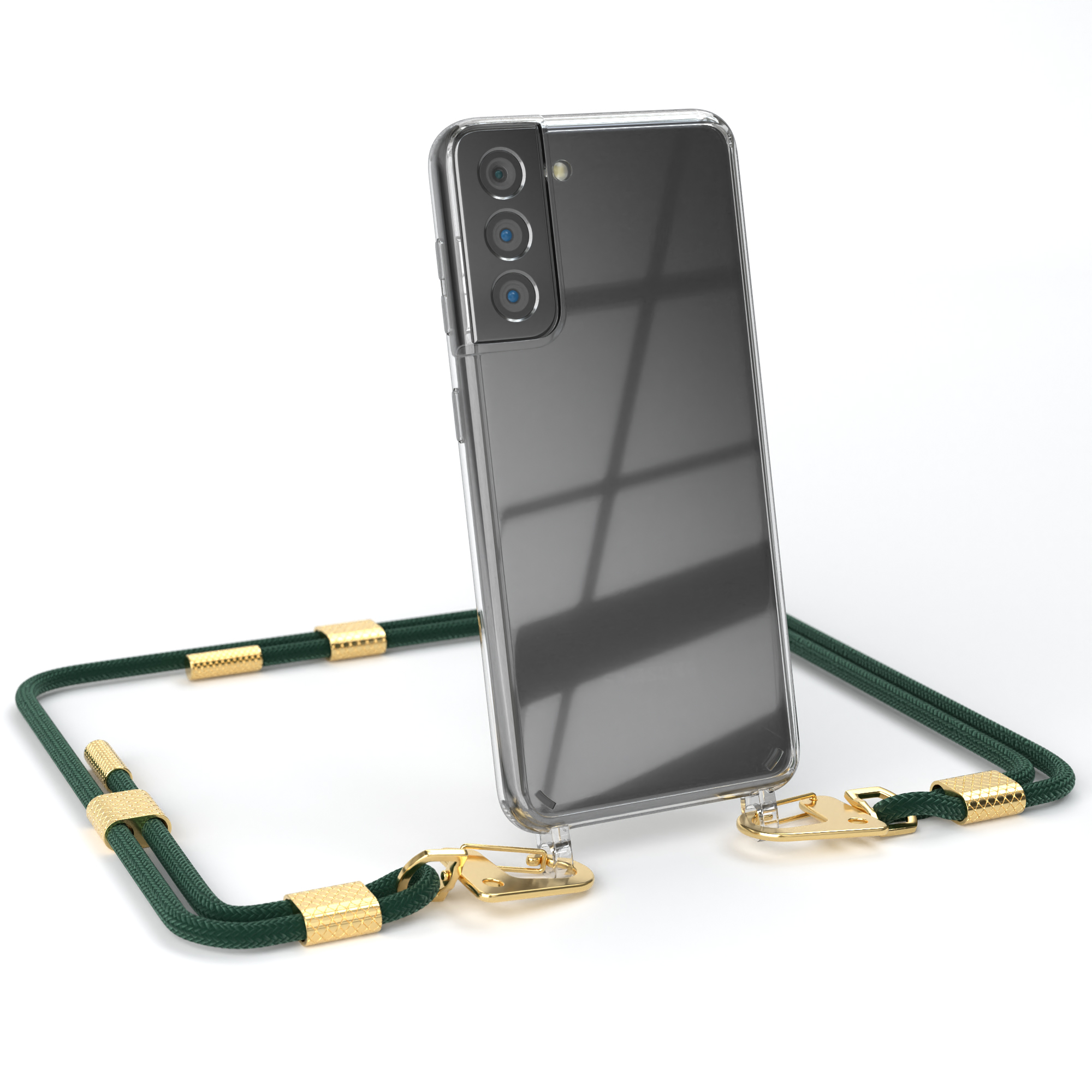 Transparente Handyhülle mit grünem Lanyard, goldenen Details und Handy. Weißer Hintergrund.