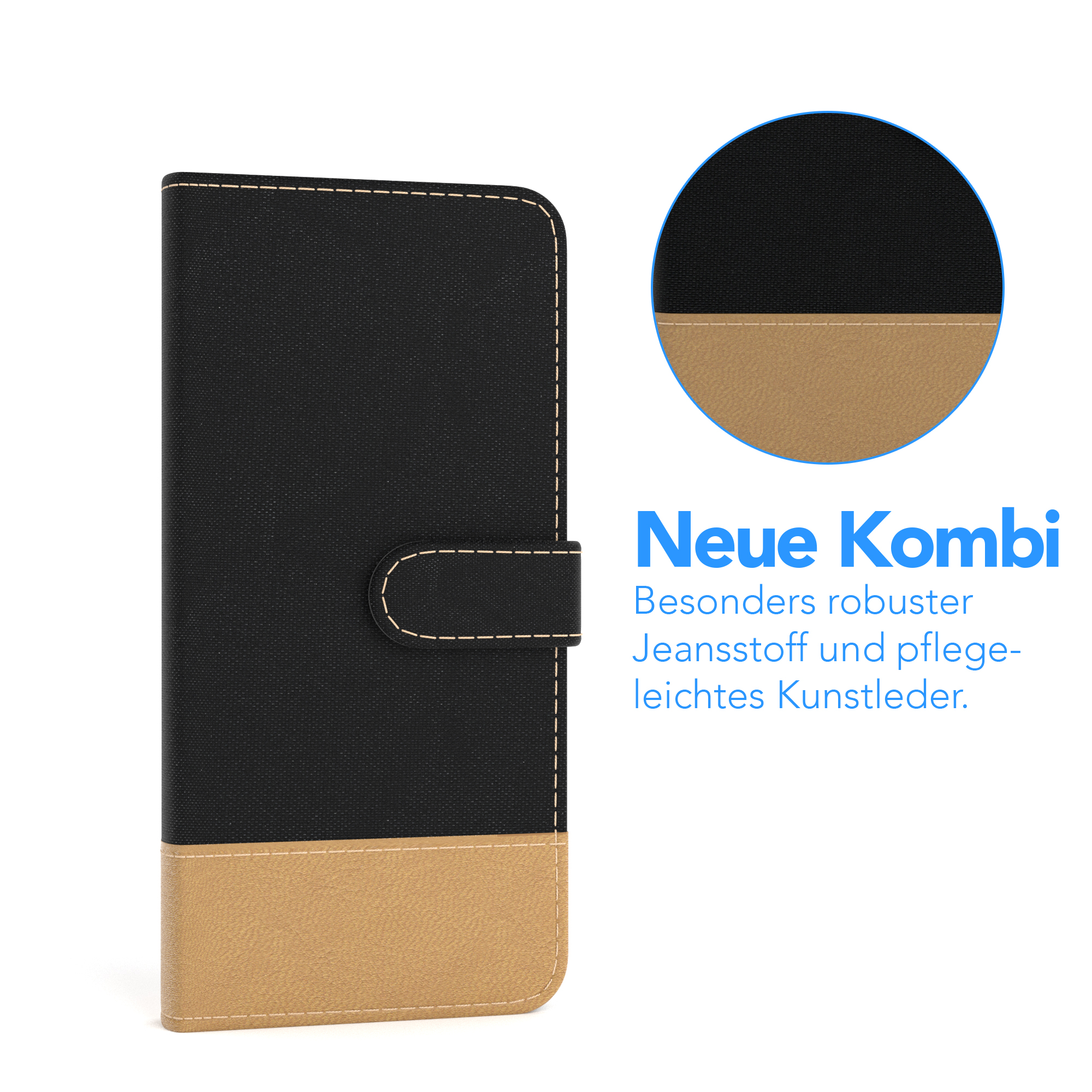 Schwarze Handyhülle mit hellbraunem Boden und schwarzem Oberteil. Ein Kreis zeigt eine Nahaufnahme des Materials.