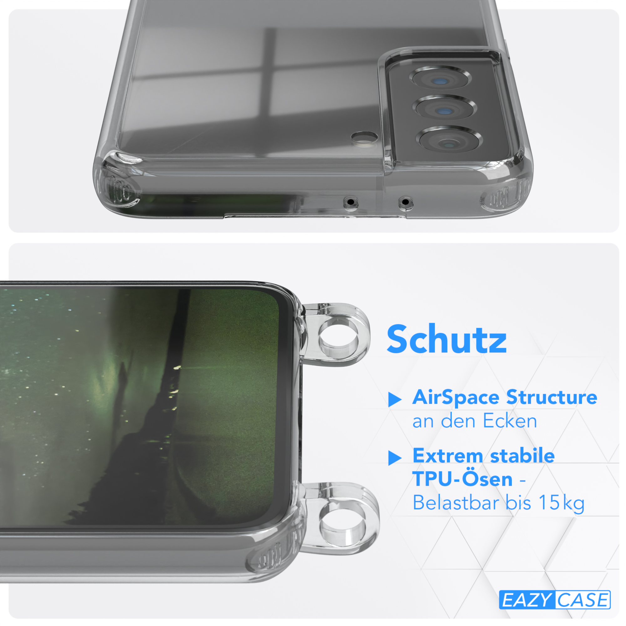 EAZY CASE Transparente + Kordel Handyhülle mit Gold Samsung, Galaxy Karabiner, S21 runder Umhängetasche, Nachtgrün / 5G