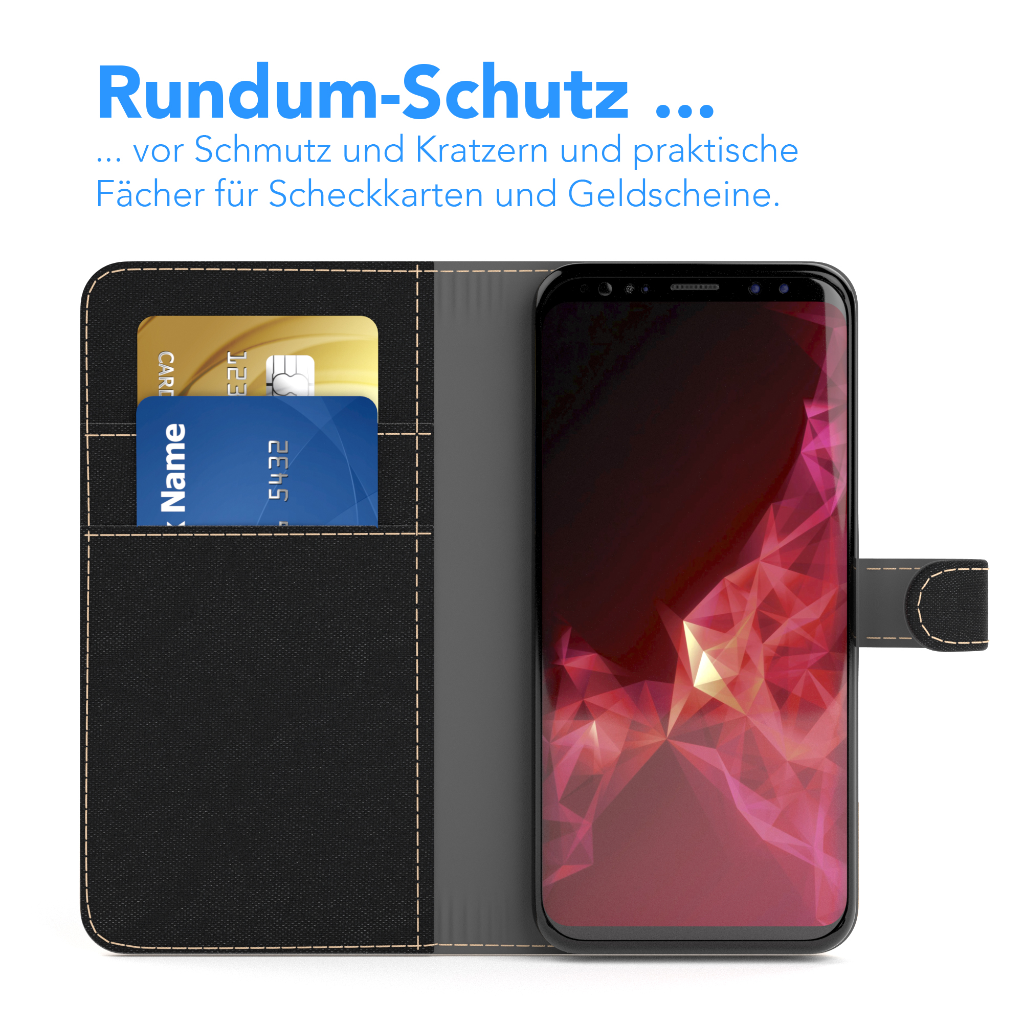 Schwarze Handyhülle mit Kreditkartenfächern. Telefon in der Hülle, Karten sichtbar.