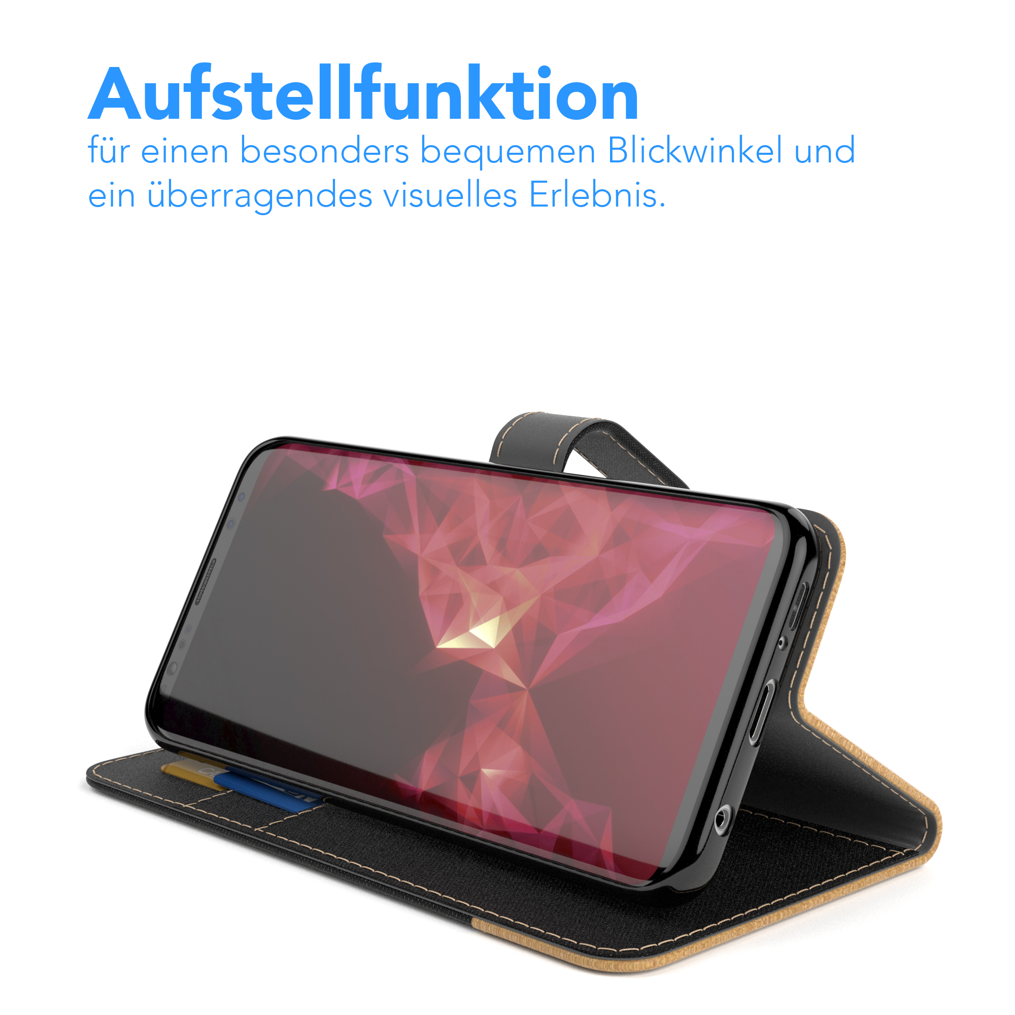 Telefon im Etui, geöffnet, um den Bildschirm mit rotem Hintergrund anzuzeigen.