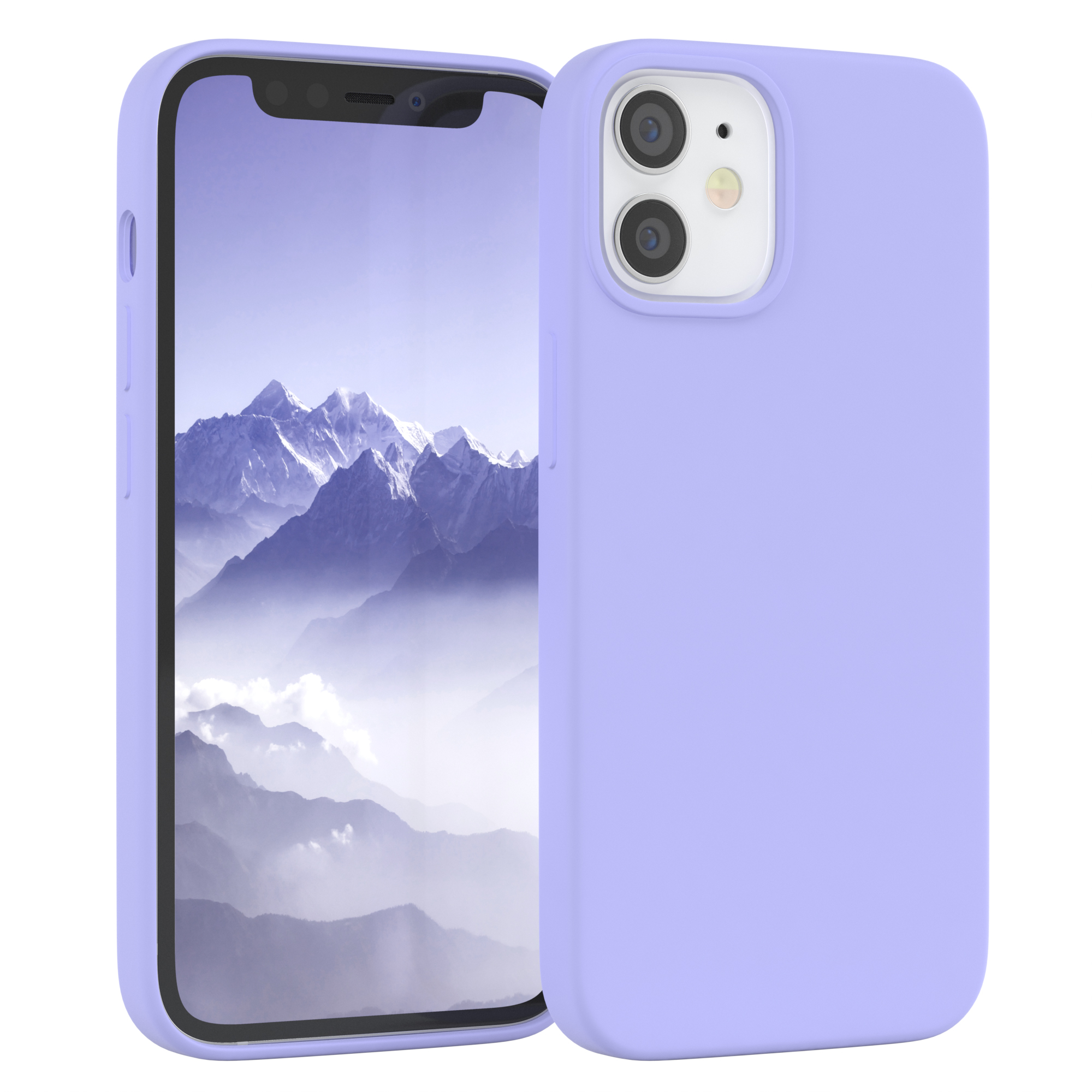 Lila Telefon mit passendem Gehäuse. Hintergrund ist eine Berglandschaft.