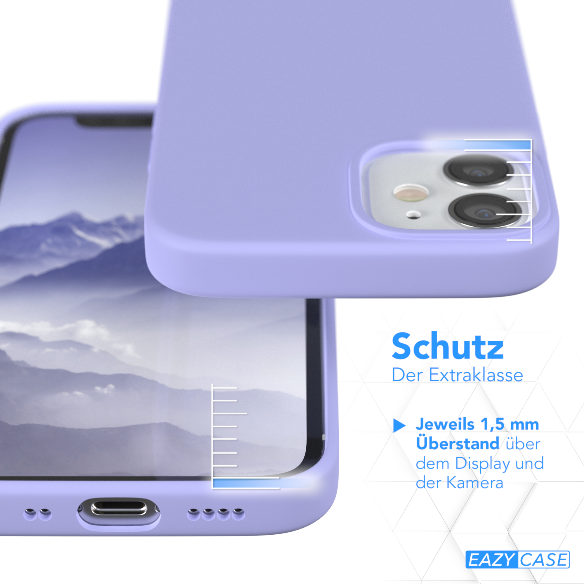 Lila Handyhülle, Nahaufnahme mit Telefon. Display- und Kameraschutz.