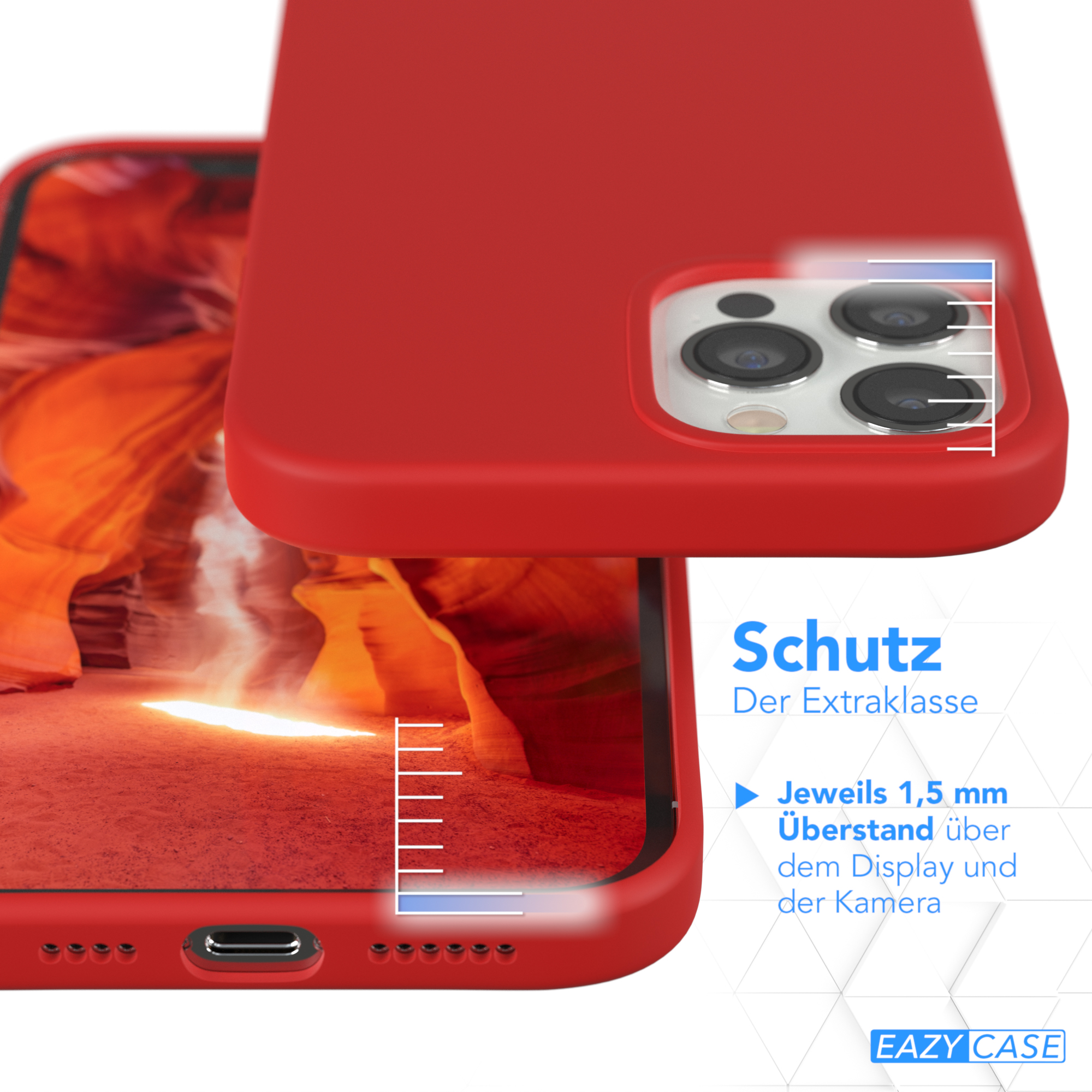 Rote Handyhülle mit Detailansicht, die den Schutz um die Kamera hervorhebt.