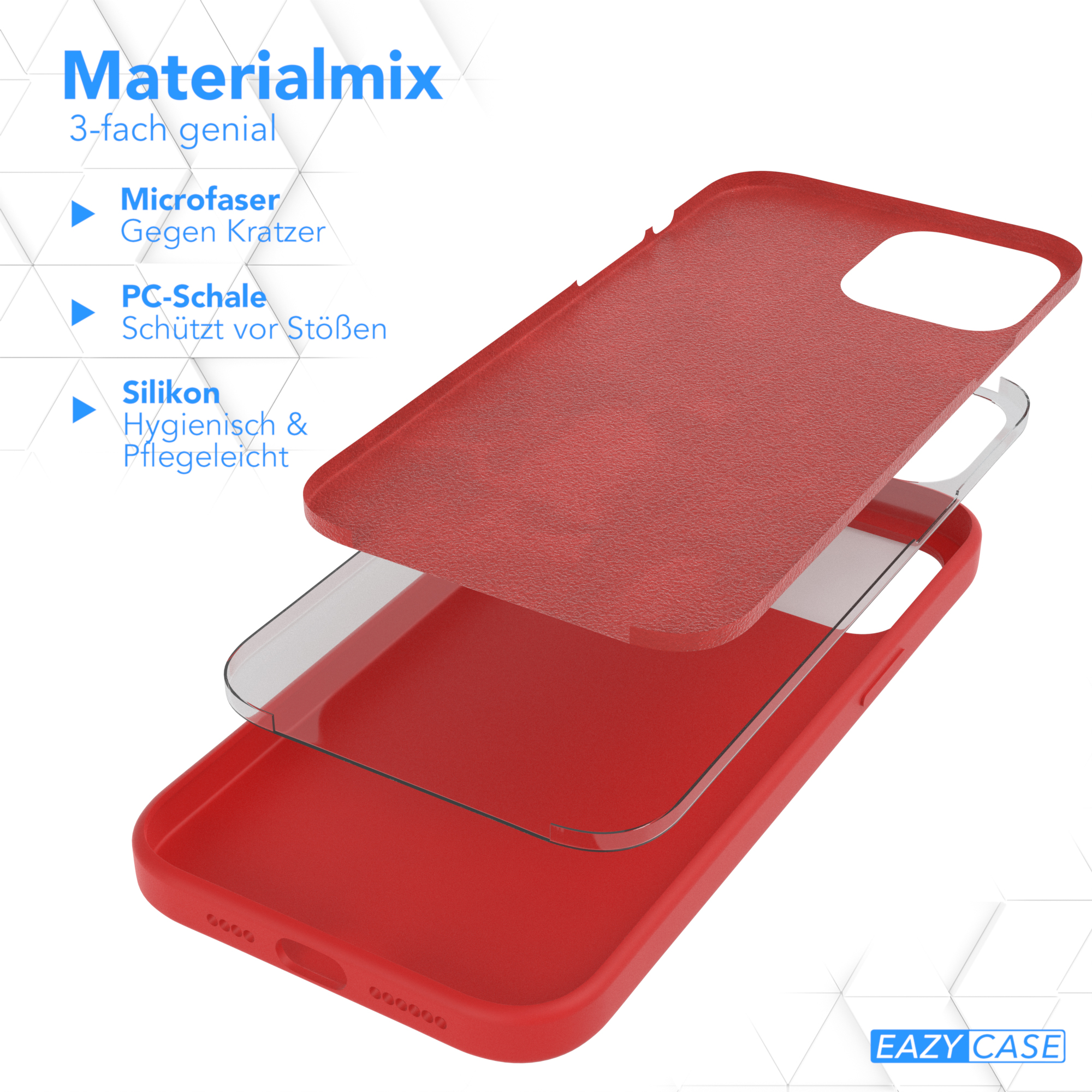 Handyhüllen-Schichten. Mikrofaser, PC-Schale und Silikon. Rote Farbe.