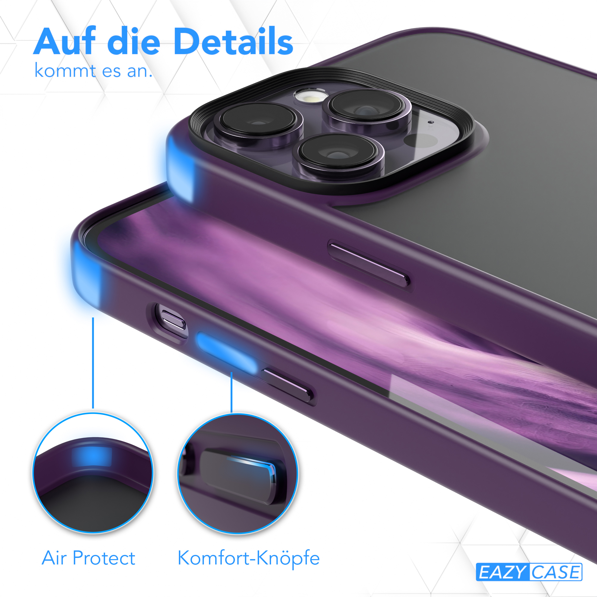 Handyhülle Details: Air Protect und Komfort-Tasten. Die Hülle ist lila.