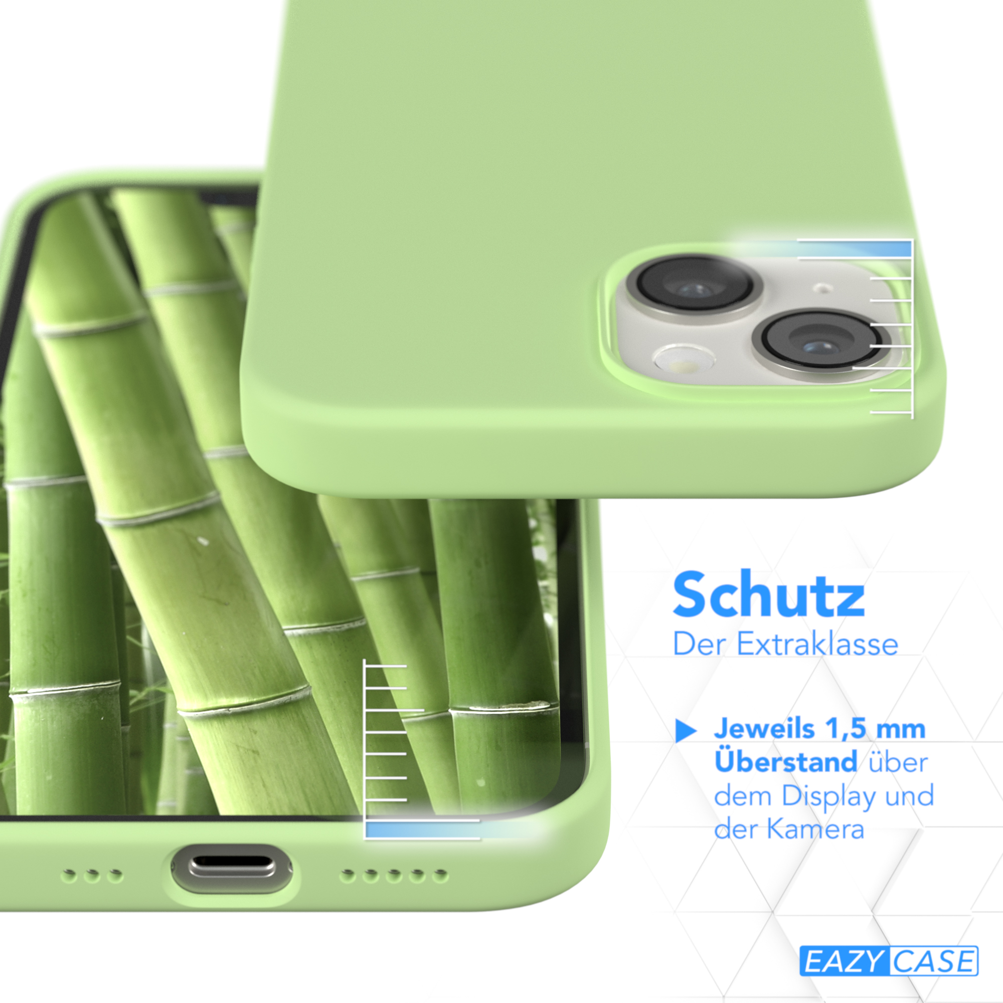 Grüne Handyhülle auf einem Telefon mit Bambusstämmen im Hintergrund. Der Text besagt, dass es extra schützend ist.