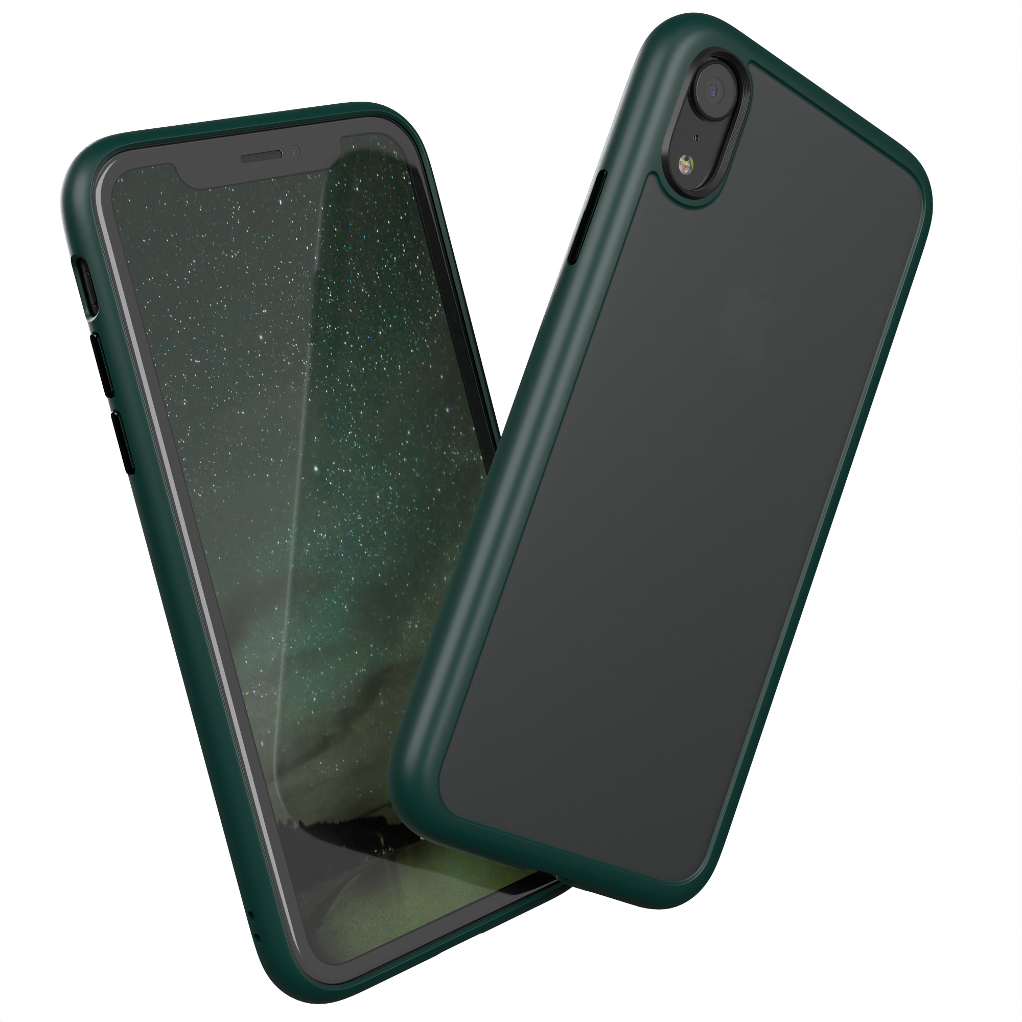 Eine dunkelgrüne Handyhülle mit einem Telefon darin auf weißem Hintergrund. Die Rückseite des Telefons ist sichtbar.