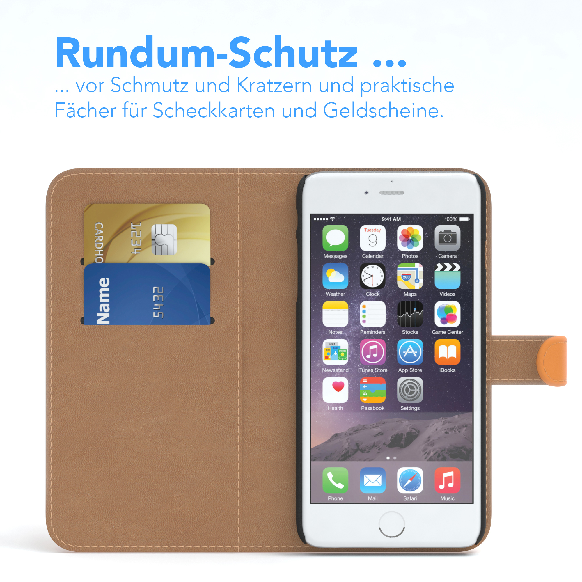 Telefon in braunem Wallet Case mit Karten. Bildschirm zeigt App-Icons und die Uhrzeit.