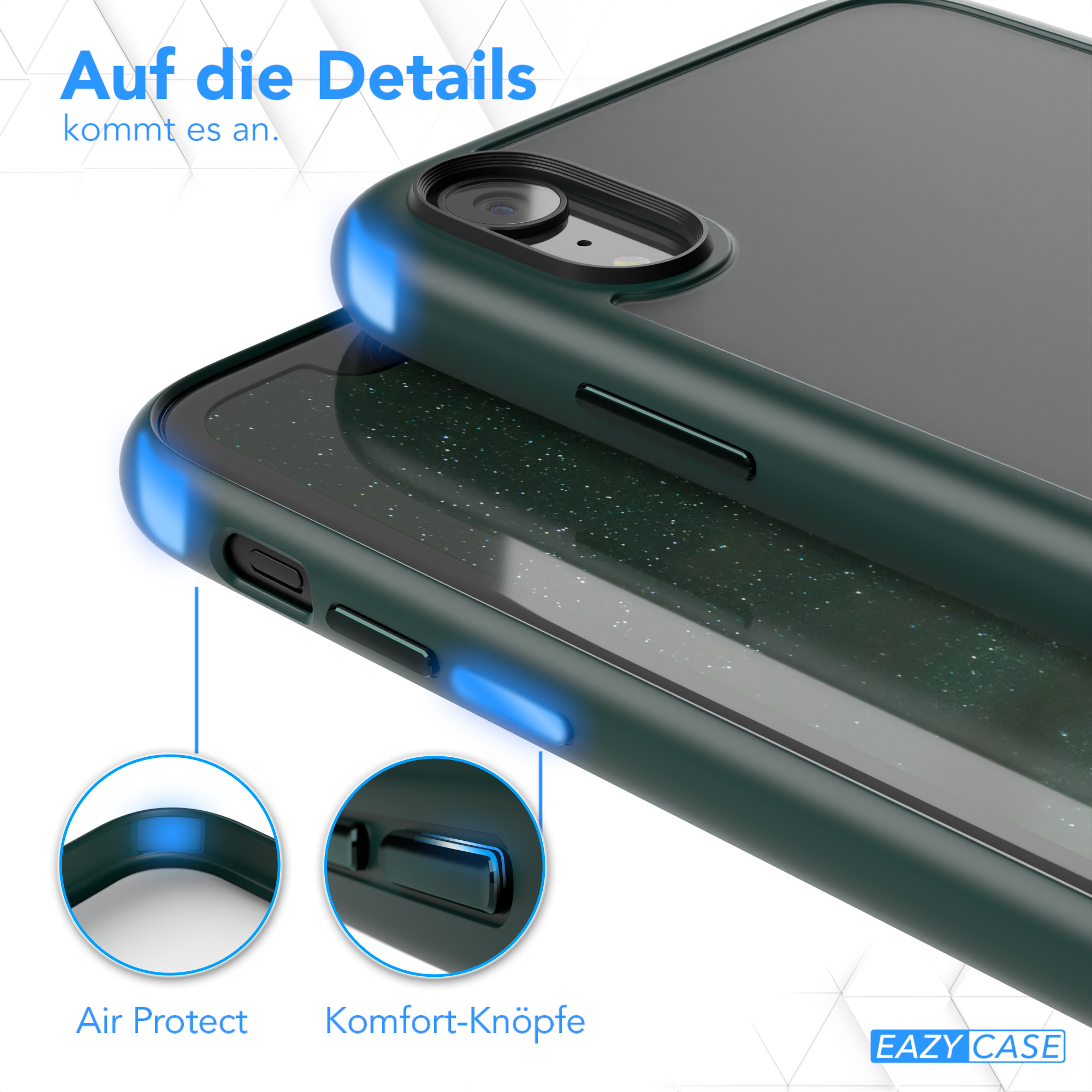 Zwei Handyhüllen, eine grüne und eine schwarze, zeigen Luftschutz und Komfortknöpfe.