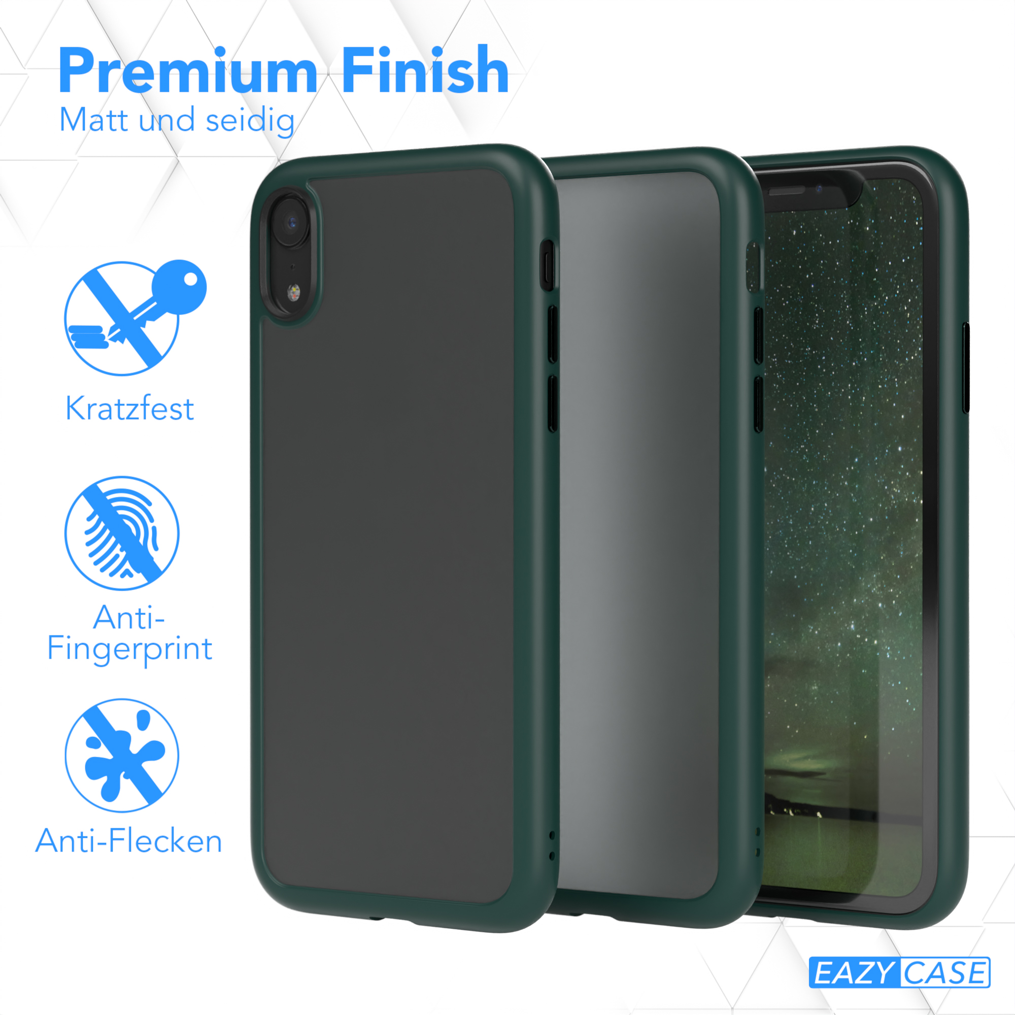 Drei Handyhüllen, dunkelgrün und grau. Text: 'Premium Finish' und Schutzsymbole.