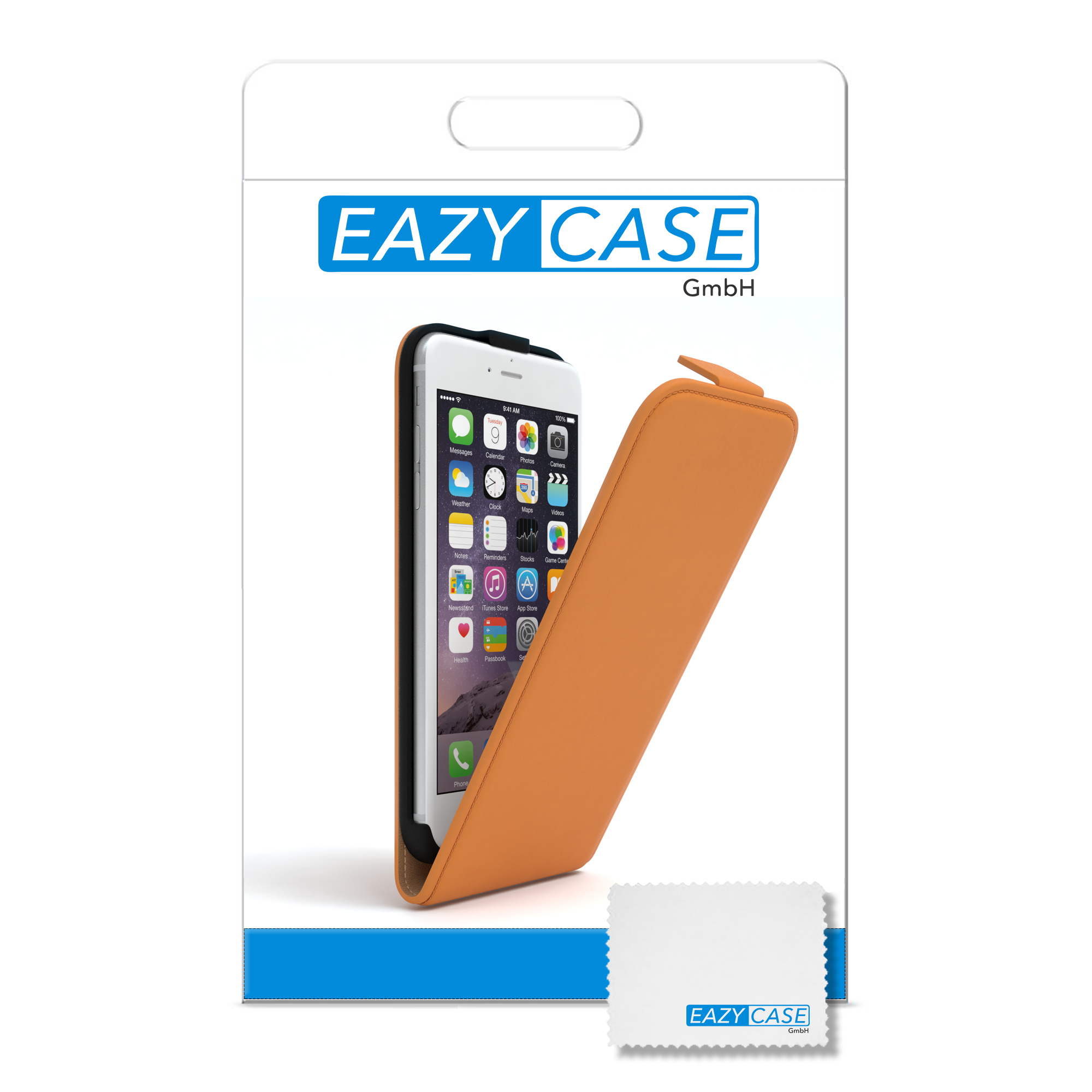 Telefon in einer orangefarbenen Hülle. Die Hülle ist in einer Box mit dem EAZY CASE Logo und einem Putztuch.