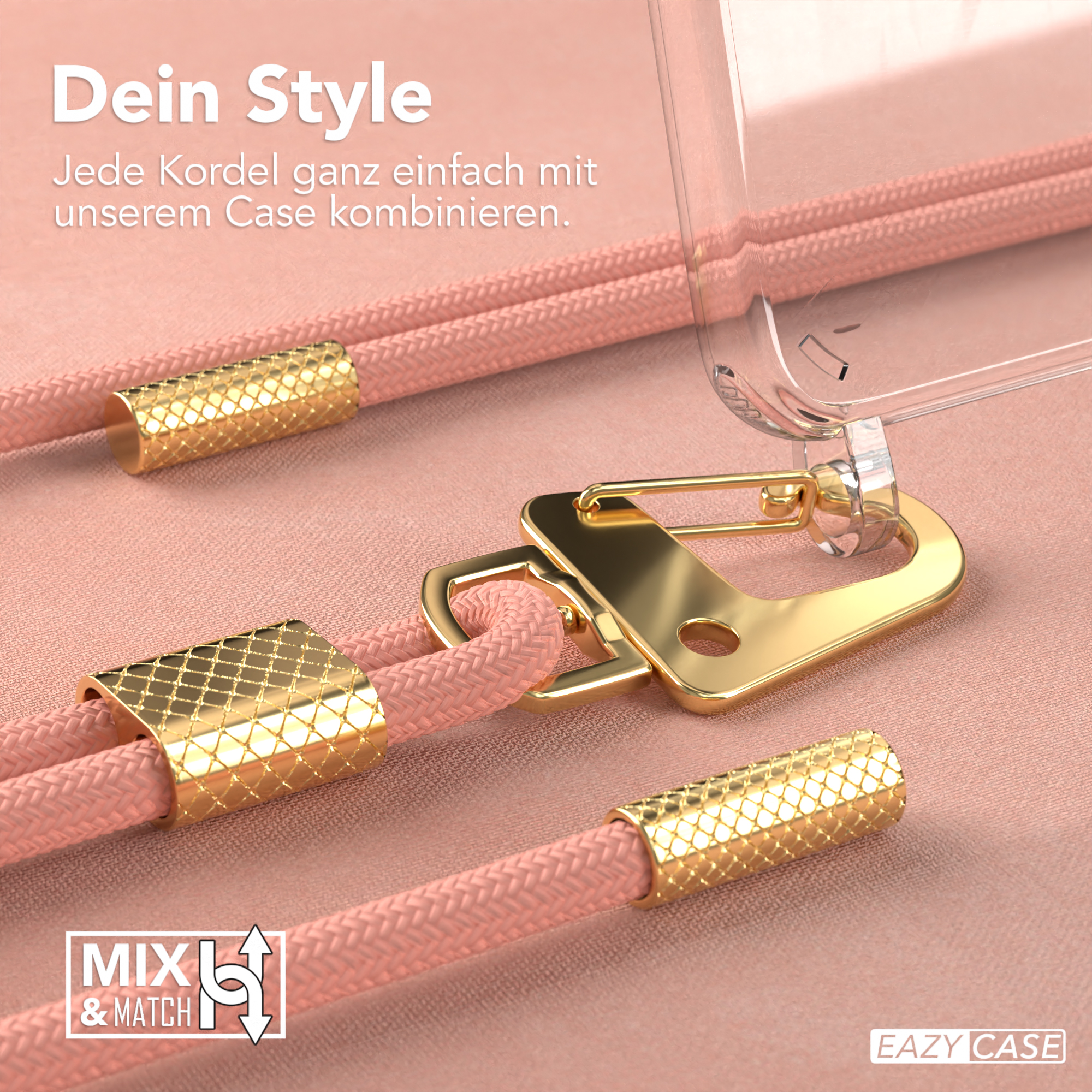 Rosa Telefonschnur mit goldenen Akzenten. Transparente Handyhülle. Produktwerbung mit Text.