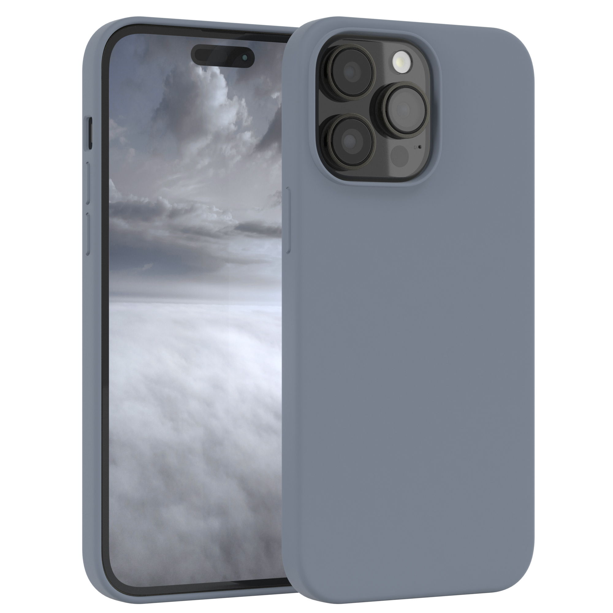 Zwei Telefone, eines mit blauem Gehäuse und das andere mit einem bewölkten Himmel. Das Gehäuse ist rechts.