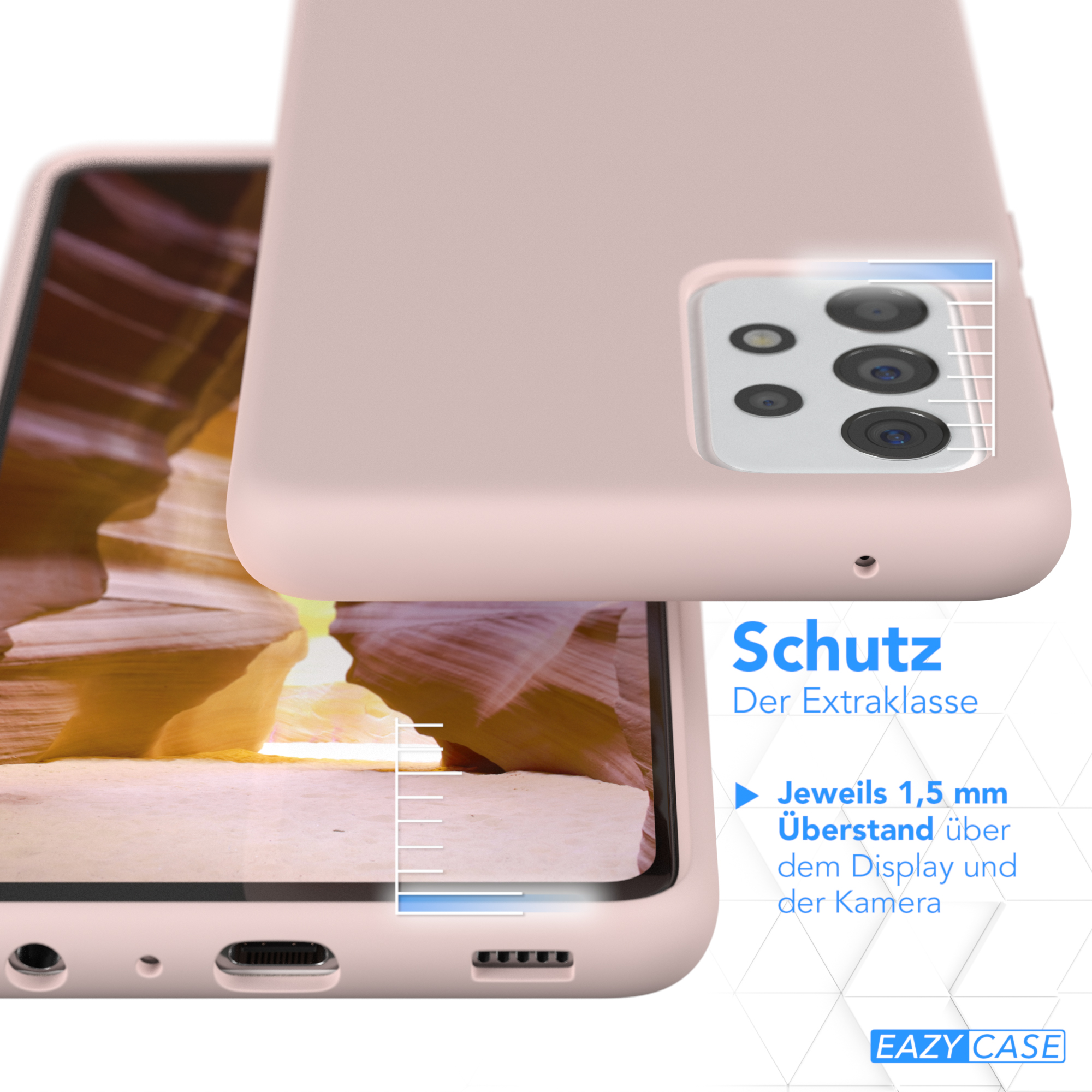 Rosa Handyhülle mit Telefon. Text: Schutz, 1,5 mm über Display und Kamera.