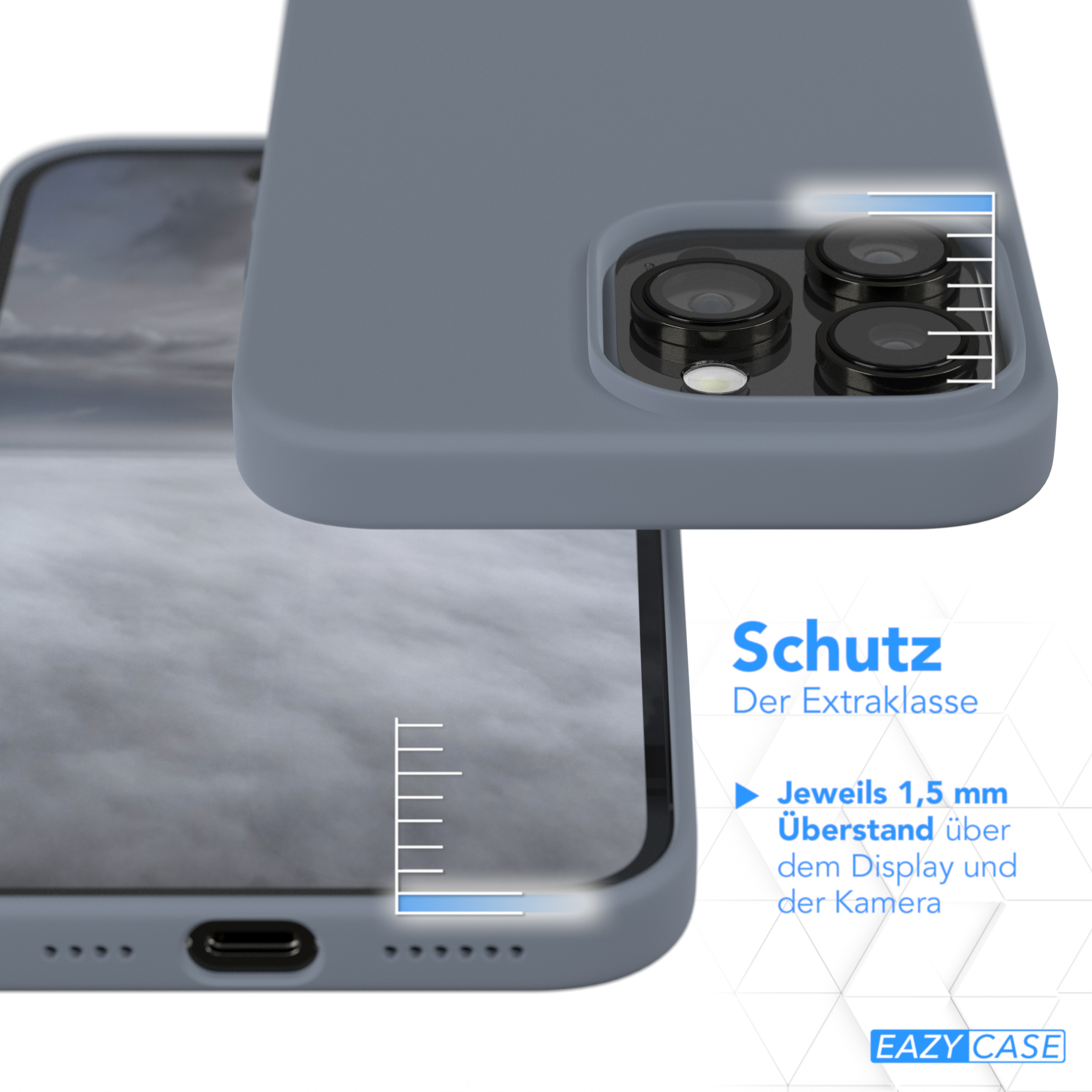 Eine graue Handyhülle bedeckt teilweise ein Telefon. Es hat einen Kameraausschnitt.