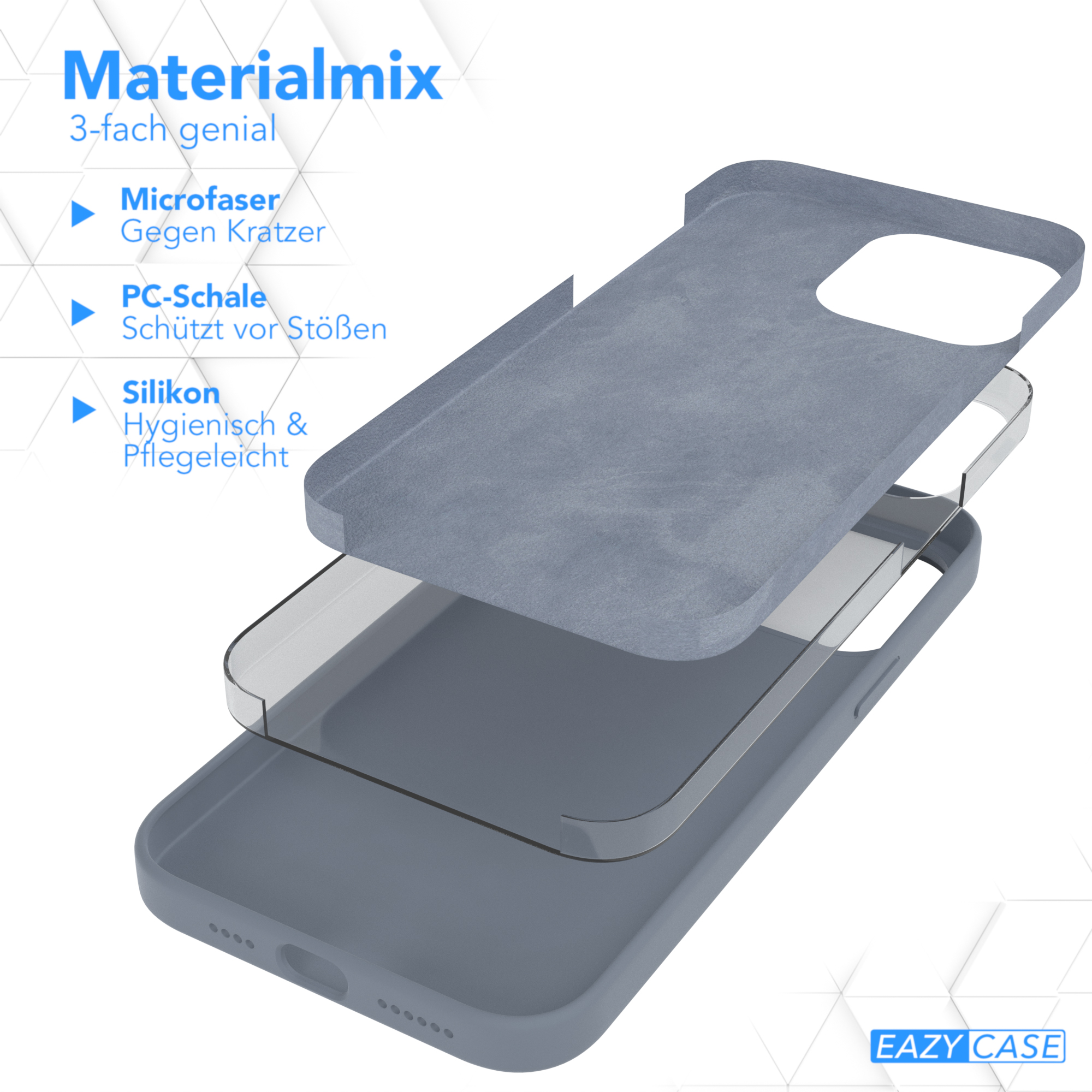 Dreischichtige Handyhülle. Mikrofaser-, PC-Schale und Silikonschicht. Blaue, graue und transparente Materialien.