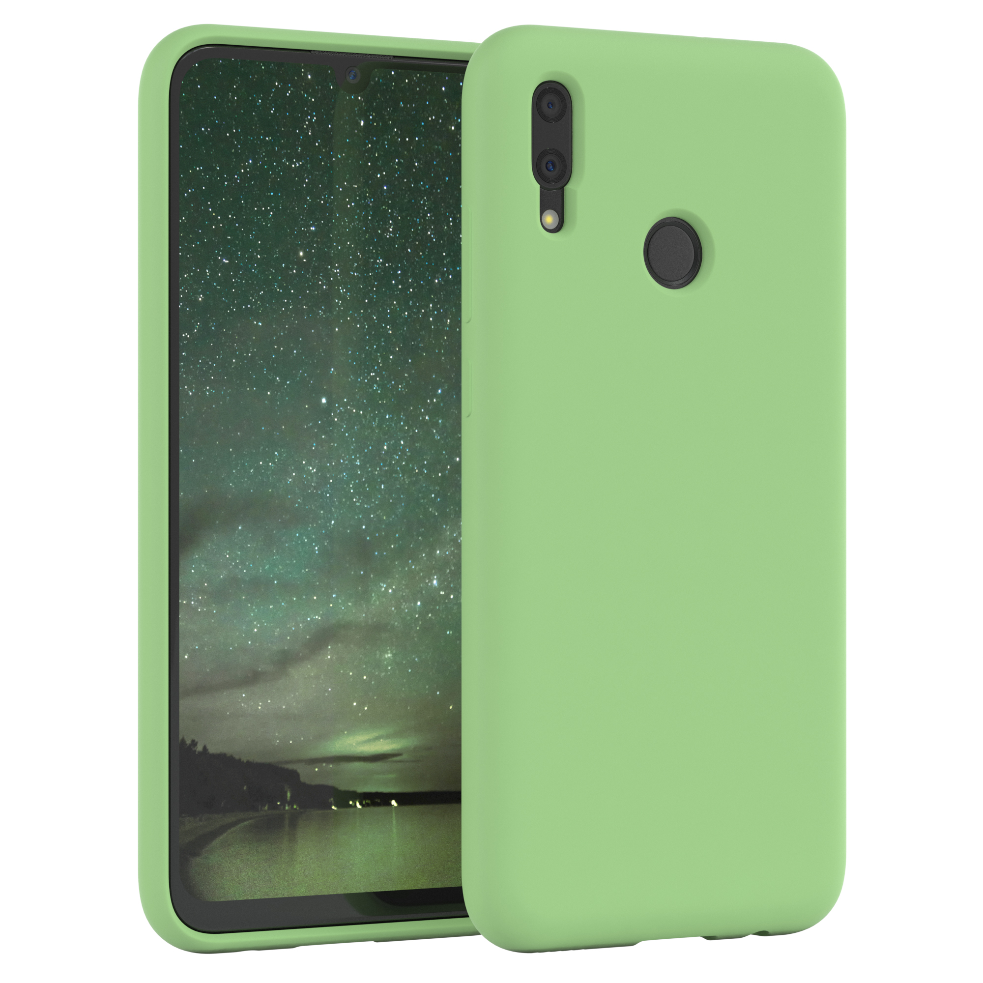 Ein hellgrünes Telefon in einer Hülle, dessen Bildschirm einen Nachthimmel und Wasser zeigt.