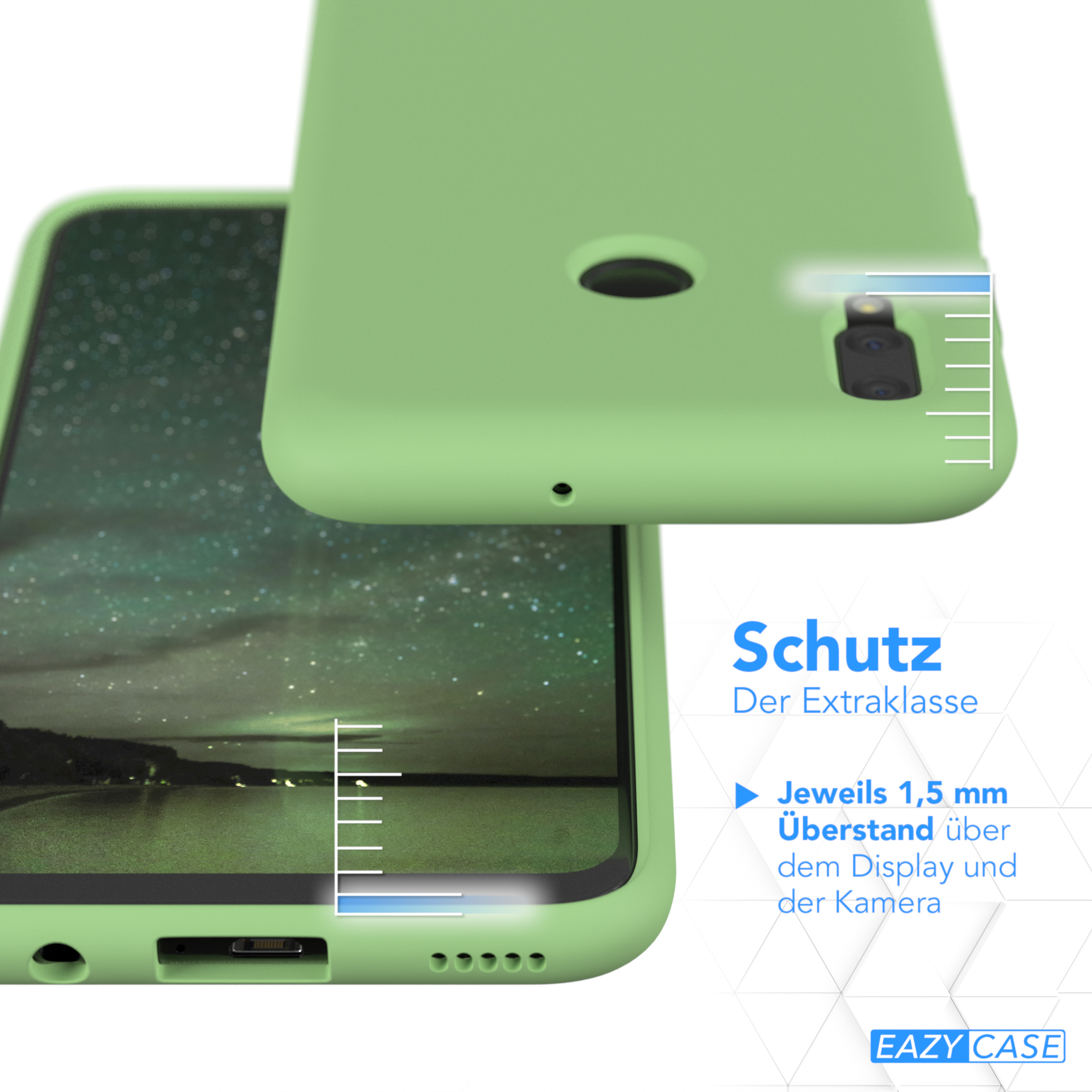 Grüne Handyhülle mit Kamera- und Displayschutz, mit Messungen.