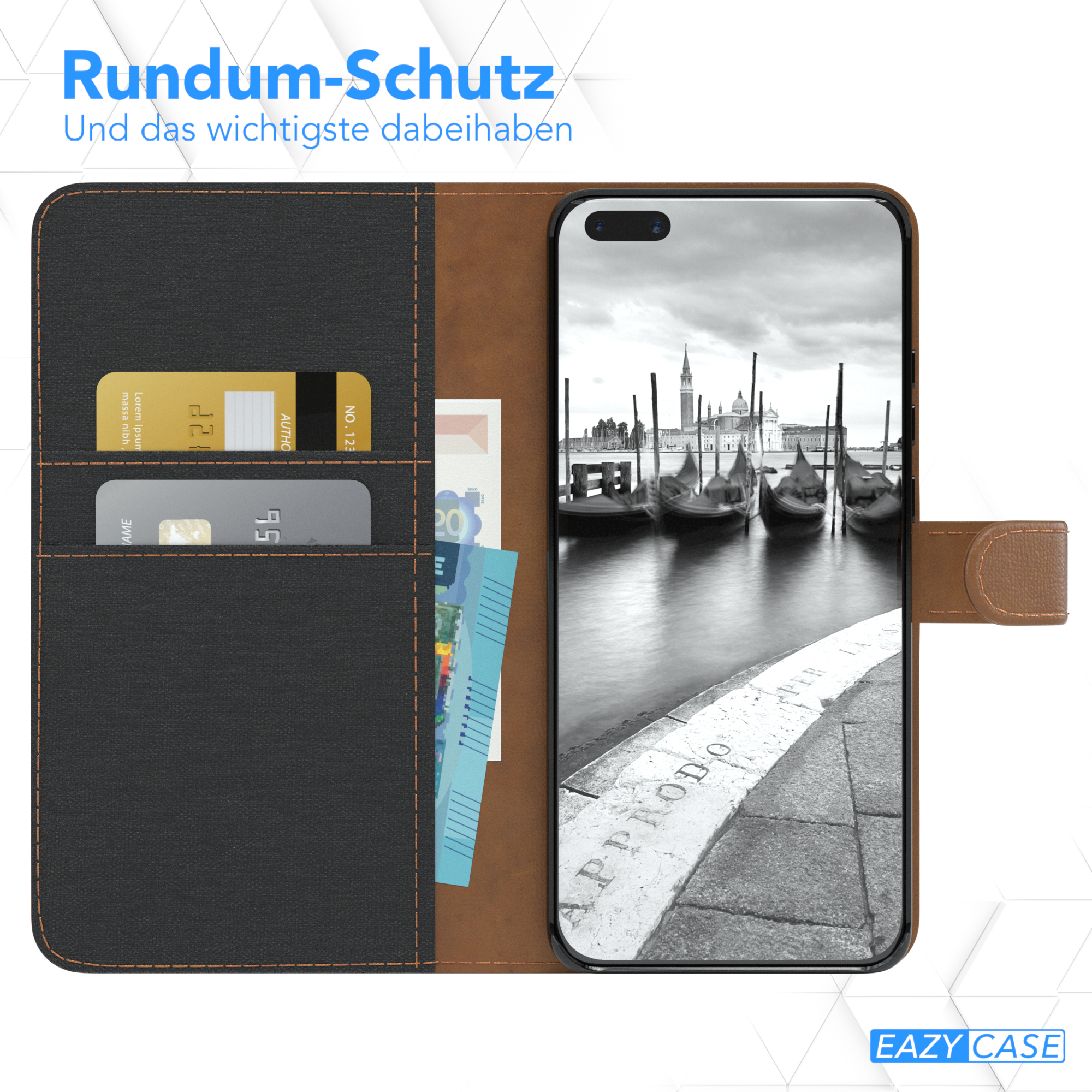 Eine Handytasche mit Kreditkarten und Euros, mit einer Szene vom Canal Grande auf dem Bildschirm.