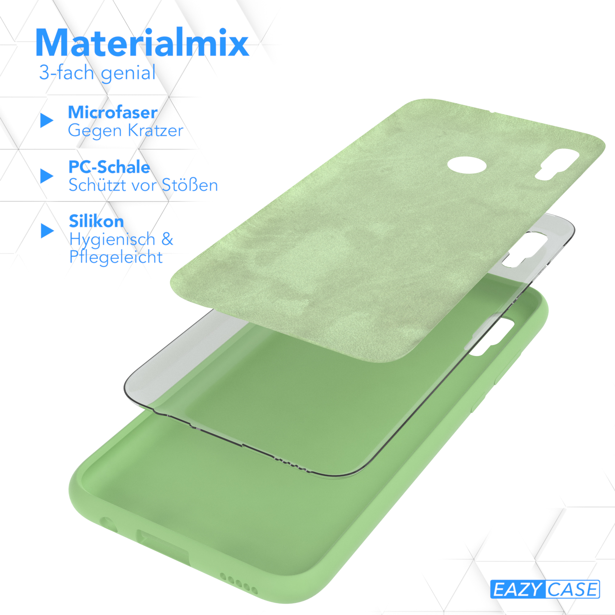 Handyhüllen-Schichten: Mikrofaser, PC-Schale und Silikon. Text: 'Materialmix' und Schichtnamen.