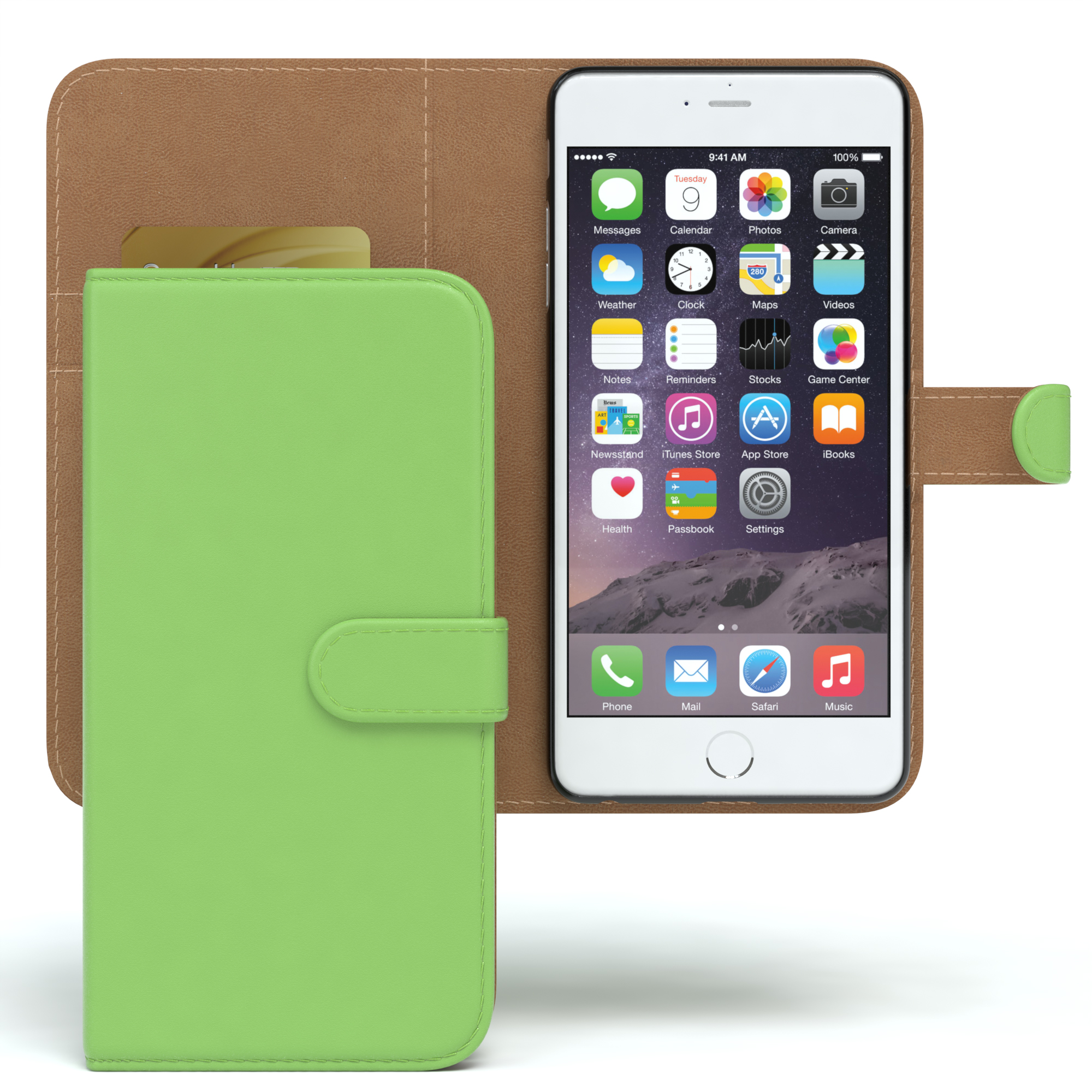 Grüne Handyhülle mit Telefon, das App-Symbole zeigt, und brauner Abdeckung. Weißer Hintergrund.