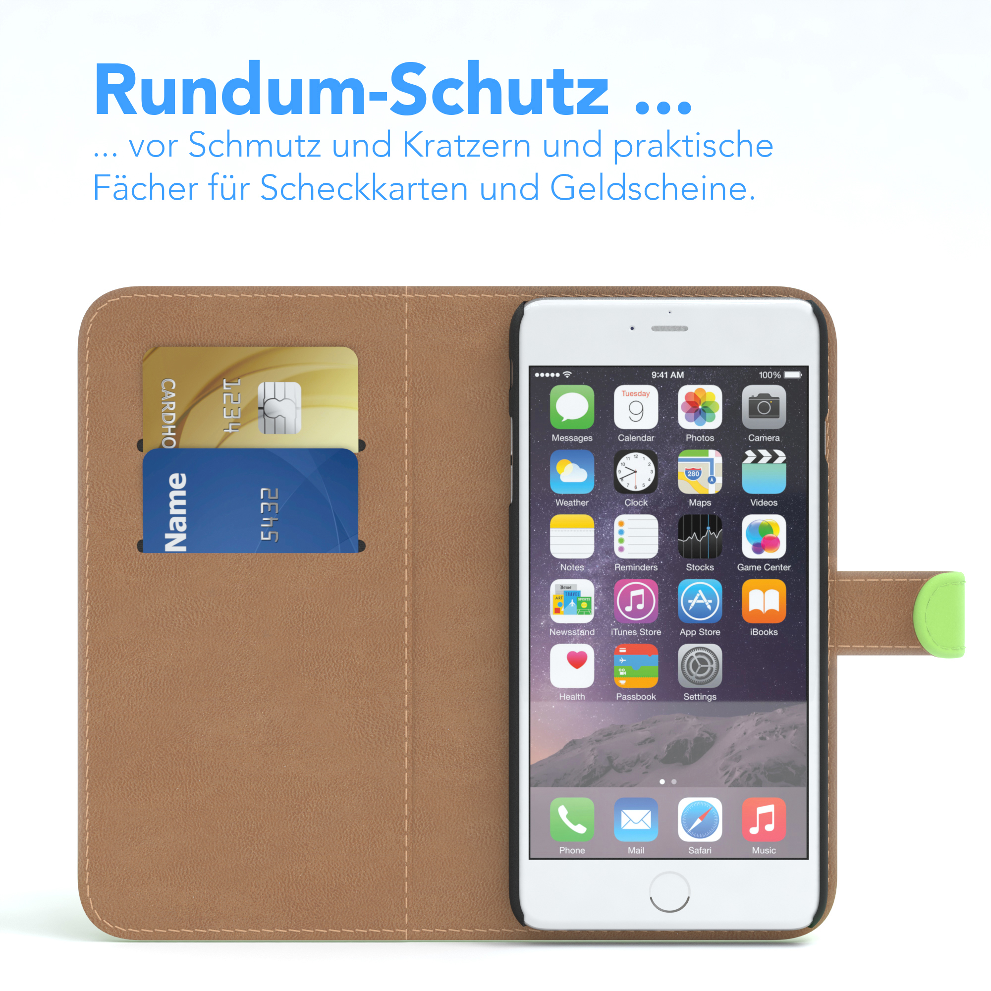Geöffnete braune Handyhülle mit Telefon, das Apps zeigt, und Karten. Mit Kartenfächern.