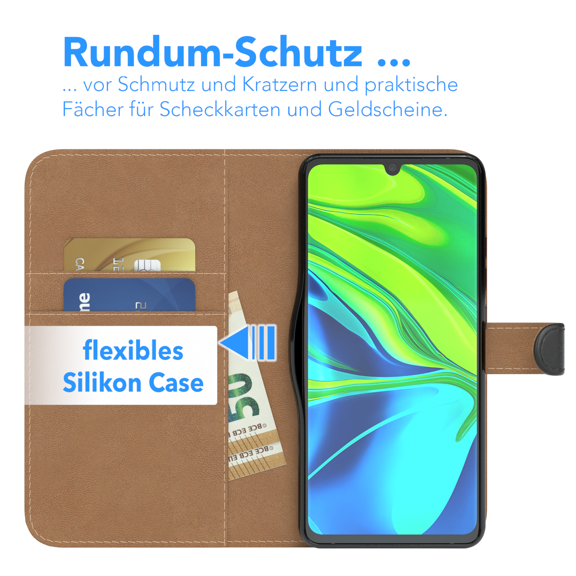 Handyhülle mit Kreditkarten und Bargeld. Das Telefon ist rechts.